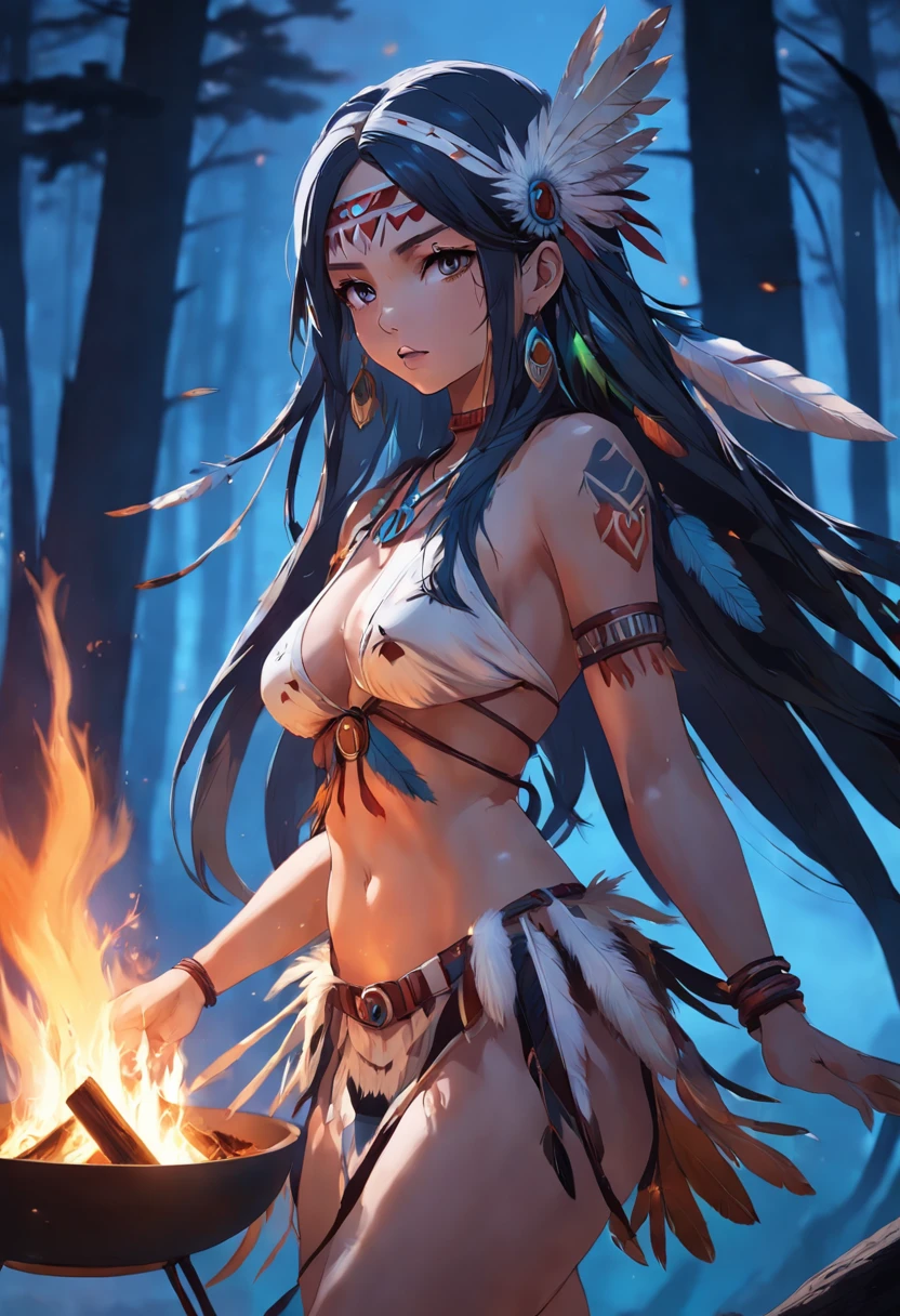 ultra detailed artistic photography, Native American beautiful Apache female, tee pee, moonlight, fire pit, feathers, sexy, dreamy, glowing, backlit, shadows, oil on canvas, smooth, ultra high definition, 8k, ultra sharp focus, intricate artwork masterpiece, flowy outfit, highly detailed, vibrant, production cinematic character render, ultra high quality model