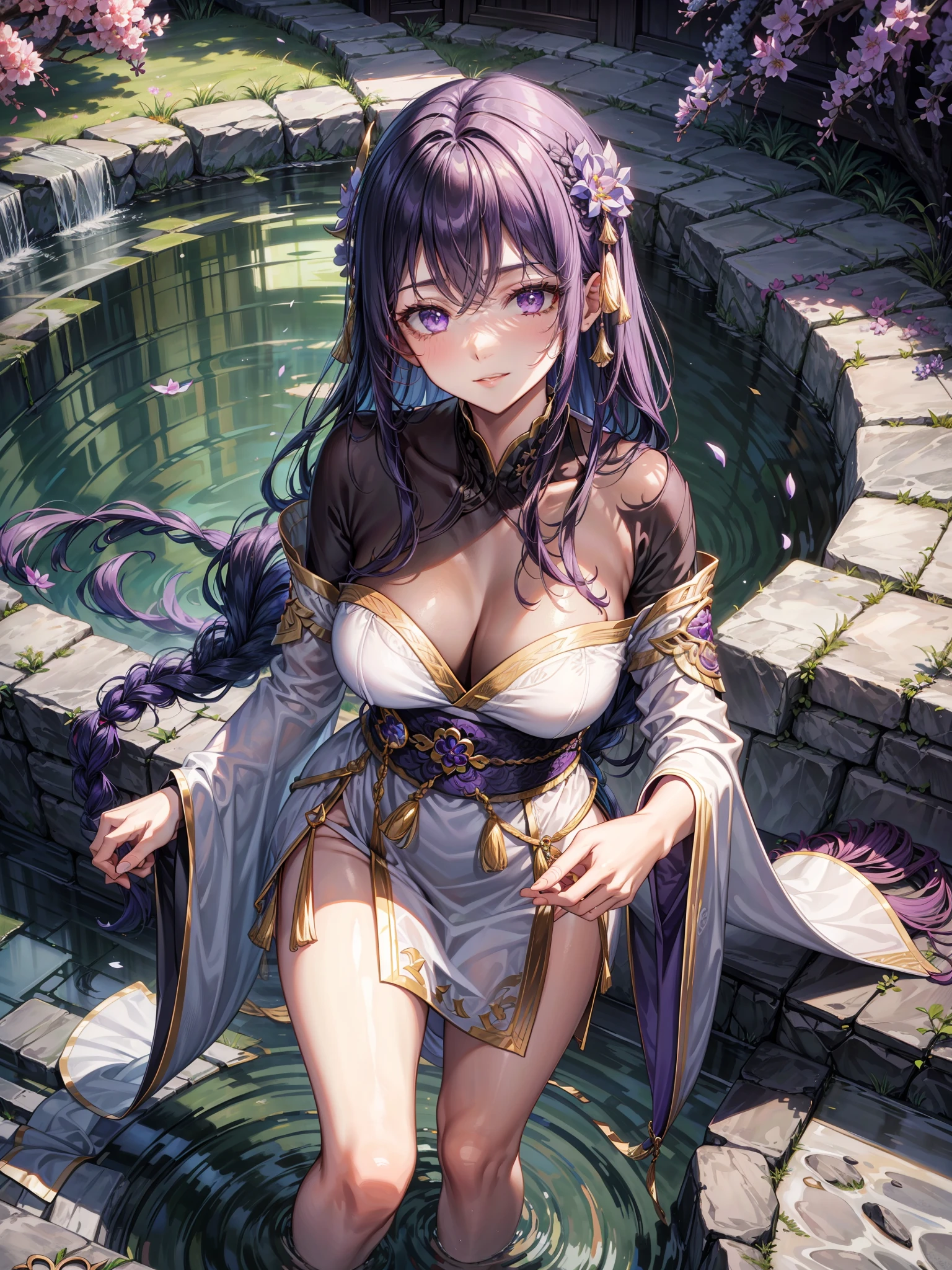 The perspective is from top to bottom,femele,Hand refinement,Black waist-length hair,Purple eyes full of love,Golden pupils,Pursed his lips,A shallow smile,The purple fringed shawl is decorated with a moire pattern of solid gold threads,White silk long-sleeved hanfu,Standing in the octagonal pavilion in the courtyard of the ancient house,Surrounded by rockeries and flowing water,The cobblestone path is surrounded by low lilac azaleas