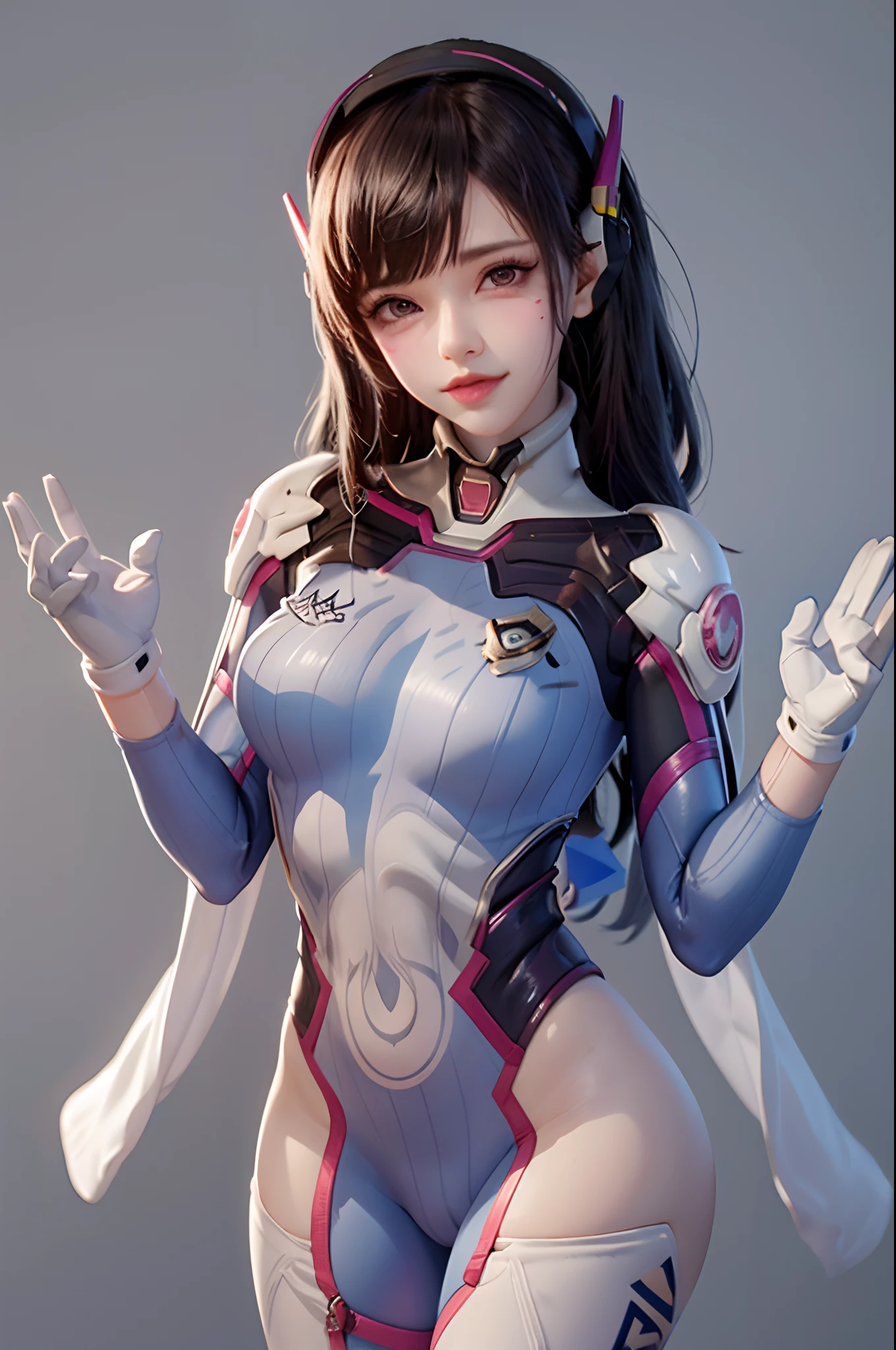 masterpiece, best quality,1girl, d.va (overwatch), solo, long hair, whisker markings, bodysuit, brown hair, facial mark, gloves, breasts, brown eyes, pilot suit, cowboy shot, headphones, white gloves, medium breasts, swept bangs, skin tight, animal print, bangs, bunny print, ribbed bodysuit, facepaint, pink lips,(grey background:1.2),simple background, (kbxll:0.6)