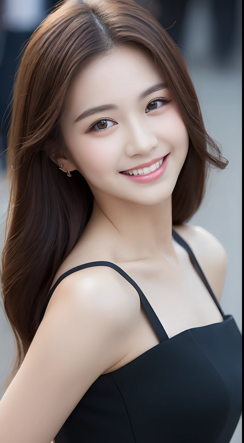 ((Best quality, 8k, Masterpiece :1.3)), 1girl, smiling, full body, slim face, Pretty woman, (Dark brown hair), full length dress :1.1, Ultra-detailed face, Detailed eyes, Double eyelid, blur background, slim face, city, outside, street,