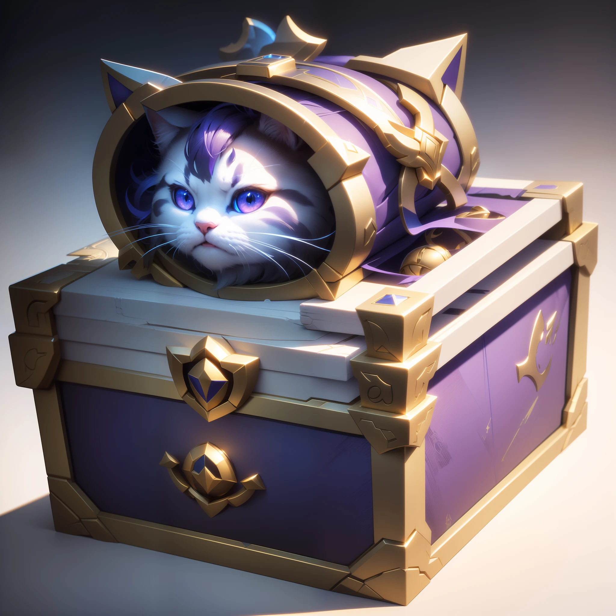 best quality,masterpiece,Game Icon,(Masterpiece, Top quality, Best quality, official art, Beautiful Beauty :1.2),(8k, Best quality, Masterpiece :1.2),(((white background,))),
(item/baoxiang),Fantasy,a treasure chest in the shape of a cat head with a pair of cat ears,cyberpunk style,purple and blue
