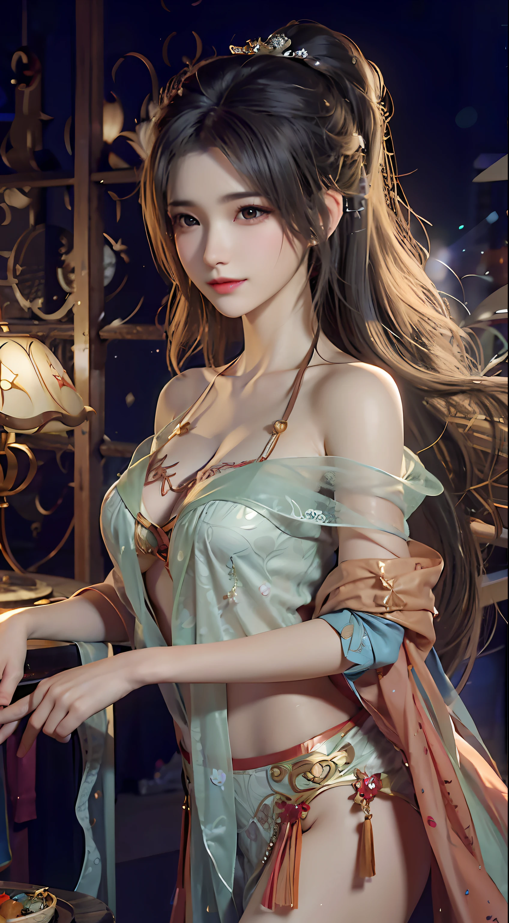 A woman in a sexy costume poses in front of a table, beautiful age girl, a beautiful fantasy empress, beautiful fantasy maiden, by Yang J, beautiful and seductive anime woman, trending on cgstation, Beautiful goddess, ((a beautiful fantasy empress)), Palace , A girl in Hanfu, trending at cgstation, very beautiful elven top model, Inspired by Lan Ying