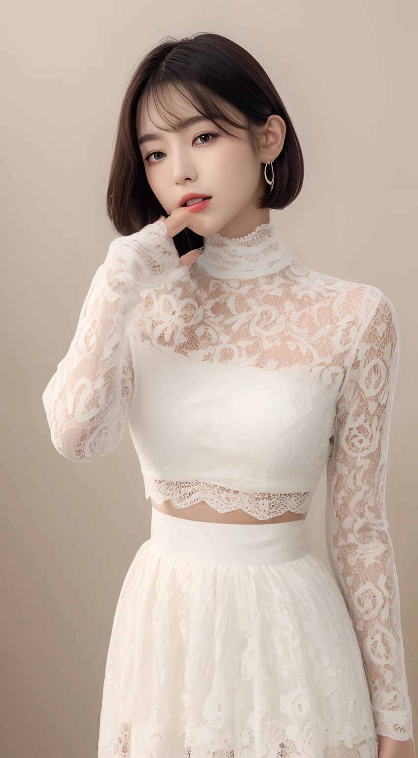 Cute girl, delicate face, long black hair, slightly curly hair, fashionable outfit without revealing, light yellow chiffon tulle short shirt, white short skirt, purple tulle scarf, flowing little daisy print, cute and delicate face, smile, hand bouquet, light pink rose, delicate facial features, HD, flower wall background, highest quality CG