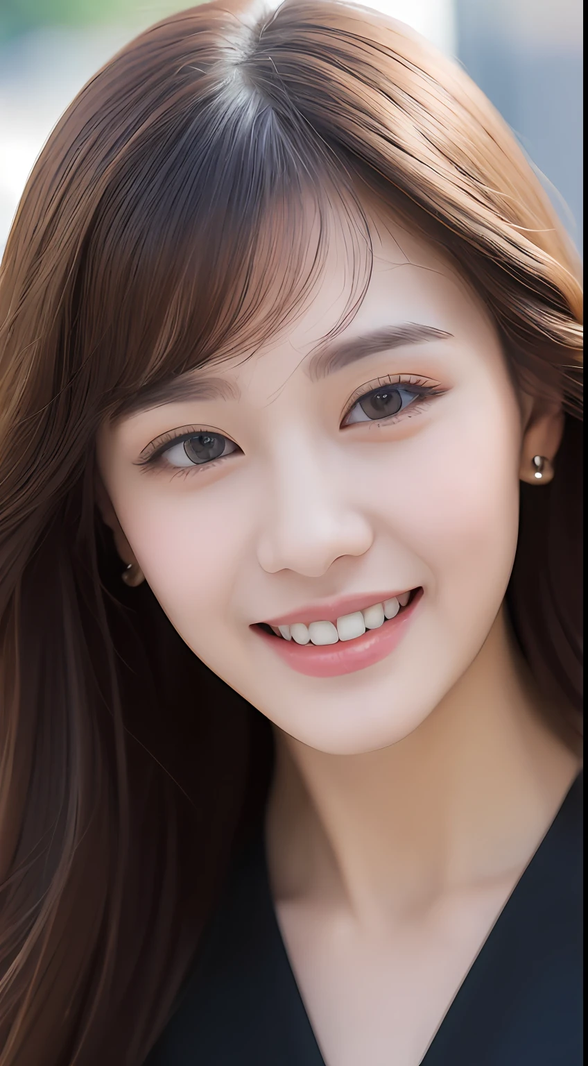 ((Best quality, 8k, Masterpiece :1.3)), 1girl, smiling, full body, slim face, Pretty woman, (Dark brown hair), full length dress :1.1, Ultra-detailed face, Detailed eyes, Double eyelid, blur background, slim face, city, outside, street,