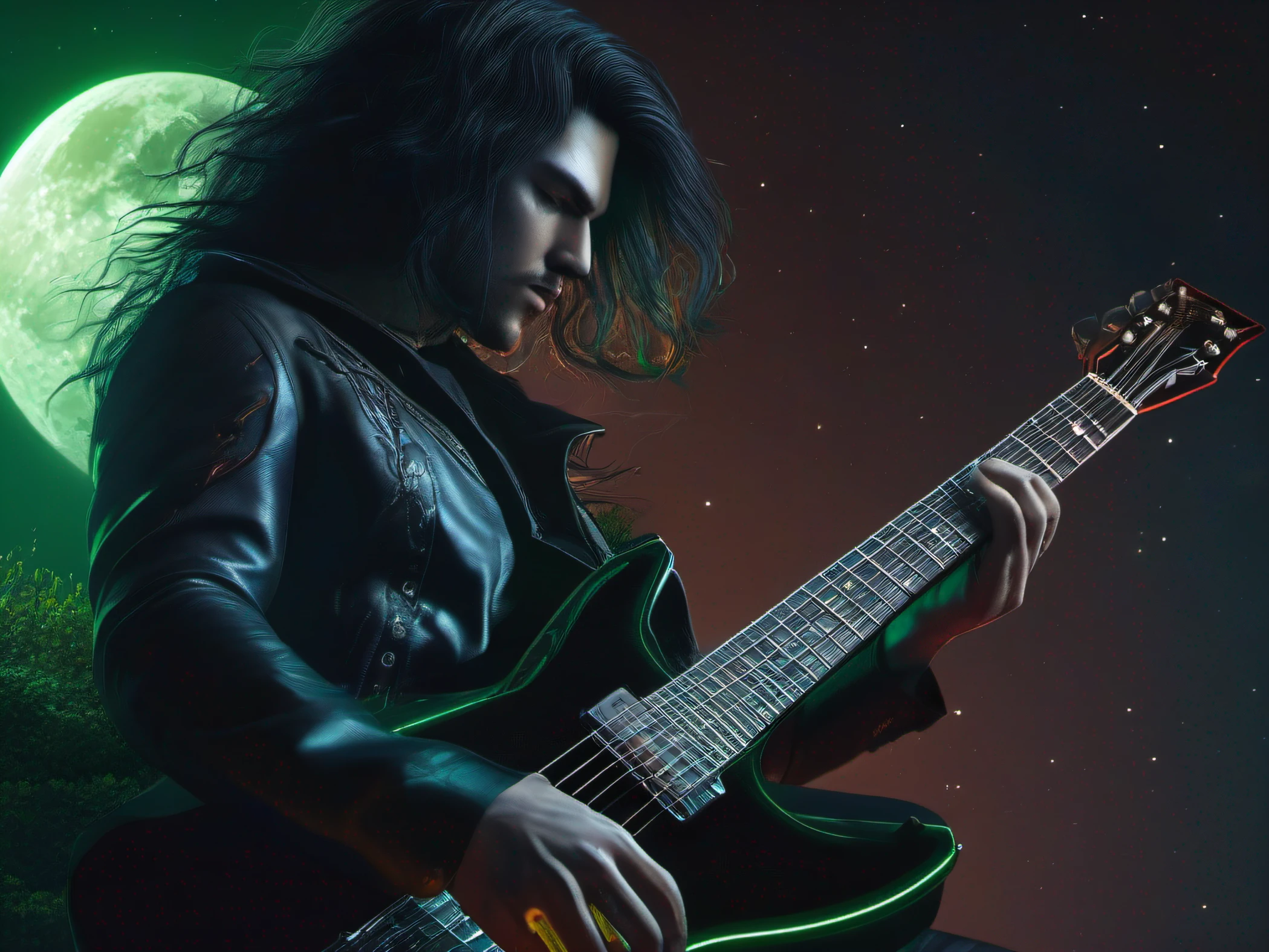 a man wearing dark clothes playing black eletronic guitar, eletronic guitar, long black hair, green eyes, back lighting, hyperrealistic, digital art, at night, full moon, intricate detail, finely detailed, ultra realistic, Tonal Colors, octane, render 8k
