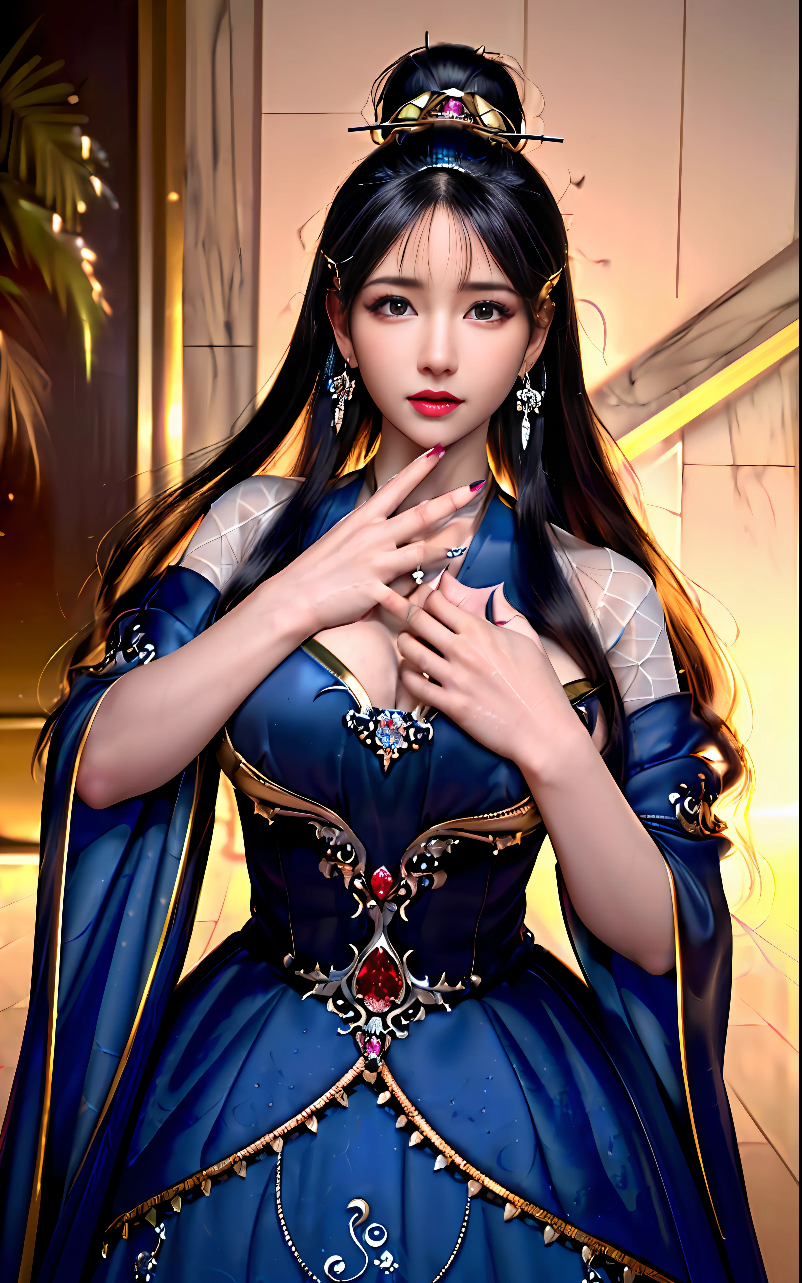 ((realisticity: 1.2)), ((realistic: 8K UHD)), ((best resolution: 8K UHD)), hyper detailed, best quality,masterpiece,highres,cg, ((1 girl hyper detailed and hyper realistic) ) , ((beautiful queen, hyper realistic and hyper detailed)),((white skin, beautiful, smooth, youthful, hyper realistic and hyper detailed )), ((Face hyper beautiful, white, hyper realistic and hyper detailed ) ), long hair, ((hyper realistic and hyper detailed dress)), solo, ((hyper realistic, hyper beautiful, beautiful and hyper detailed jewelry)), ((hyper beautiful deep red and golden yellow dress, hyper realistic and hyper detailed )) , ((Her pretty, hyper realistic, hyper detailed diamond filled earrings)), ((Her gorgeous diamond haircut, hyper realistic and hyper detailed)), ((hyper pretty upper body, hyper beautiful, hyper realistic and hyper detailed) ), ((medium breast: 1.1)), ((hyper realistic, hyper pretty, hyper detailed boobs)), ((the backgroun of the royal palace is hyper majestic, hyper realistic and hyper detailed)),((hands and palms hyper beautiful, hyper detailed, hyper realistic)), ((hyper detailed and hyper realistic fingers and fingernails)), ((hyper pretty fingernails, hyper vivid, hyper detailed, hyper realistic)), ((thumb, index finger, middle finger, ring finger, little finger hyper vivid, hyper pretty, hyper detailed, hyper realistic)),
((hyper beautiful fingers, hyper detailed, and hyper realistic)), ((posture not too fat and not too thin, hyper realistic, hyper detail)), ((hyper pretty, hyper pretty, hyper realistic and hyper detailed hair bun)), ((hyper pretty , hyper realistic and hyper detailed blue hair)), candid, Photo, high resolution, 8k , bokeh,
