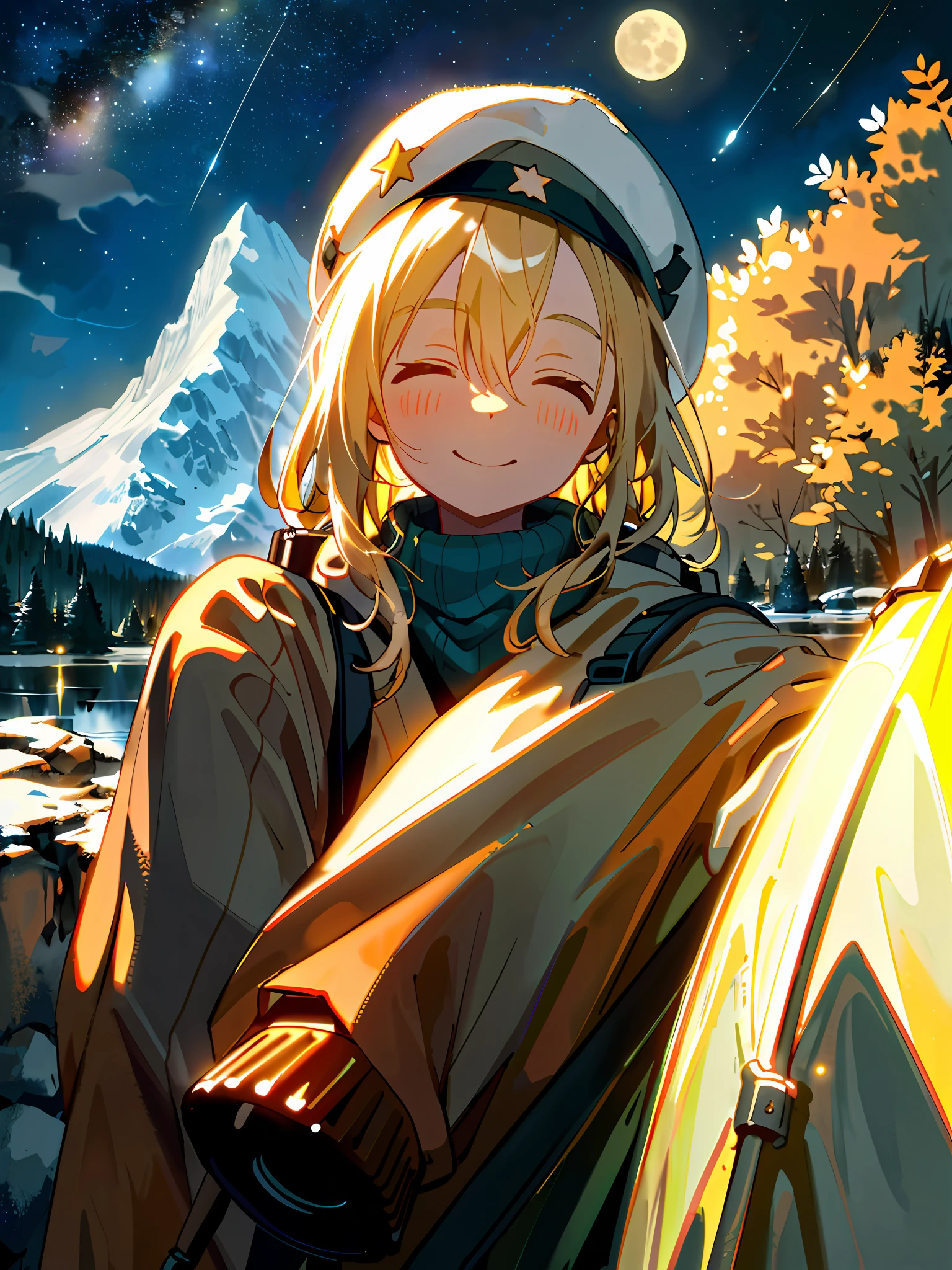 1 woman((upper body selfie, happy)), masterpiece, best quality, ultra-detailed, solo, outdoors, (night), mountains, nature, (stars, moon) cheerful, happy, backpack, sleeping bag, camping stove, water bottle, mountain boots, gloves, sweater, hat, flashlight, forest, rocks, river, wood, smoke, shadows, contrast, clear sky, analog style (look at viewer:1.2) (skin texture) (film grain:1.3), (warm hue, warm tone)
