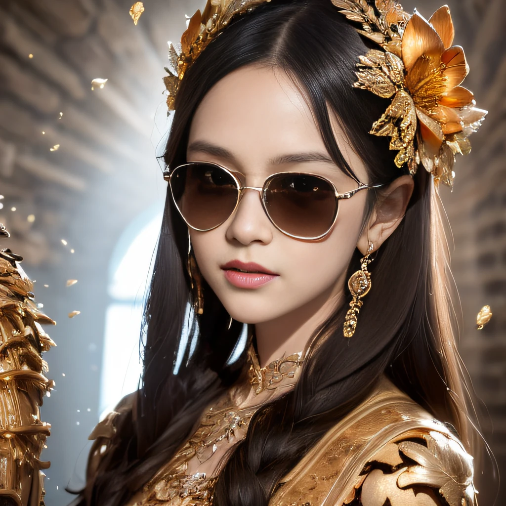 skelleton，Wear thick gold-framed reflective sunglasses，32K（tmasterpiece，k hd，hyper HD，32K）Light orange flowing hair，Silver skull jewelry area in the cave，Indigo Skull King ，Skeleton protector （The skeleton is realistic：1.4），Skull pattern robe，Silver skull headdress，Petals flutter，The background of autumn is pure，Hold your head high，Be proud，The nostrils look at people， A high resolution， the detail， RAW photogr， Sharp Re， Nikon D850 Film Stock Photo by Jefferies Lee 4 Kodak Portra 400 Camera F1.6 shots, Rich colors, ultra-realistic vivid textures, Dramatic lighting, Unreal Engine Art Station Trend, cinestir 800，Hold your head high，Be proud，The nostrils look at people，Tsundere，Petals flutter，Petals flutter，Sprinkle with gold dust，Fluttering，Impeccable，( reasonable design, Clear lines, High sharpness,Best quality, Very detailed skeleton, The skeleton of a masterpiece, offcial art, movie light effect, 4K skeleton（（（Wear thick gold-framed reflective sunglasses）））