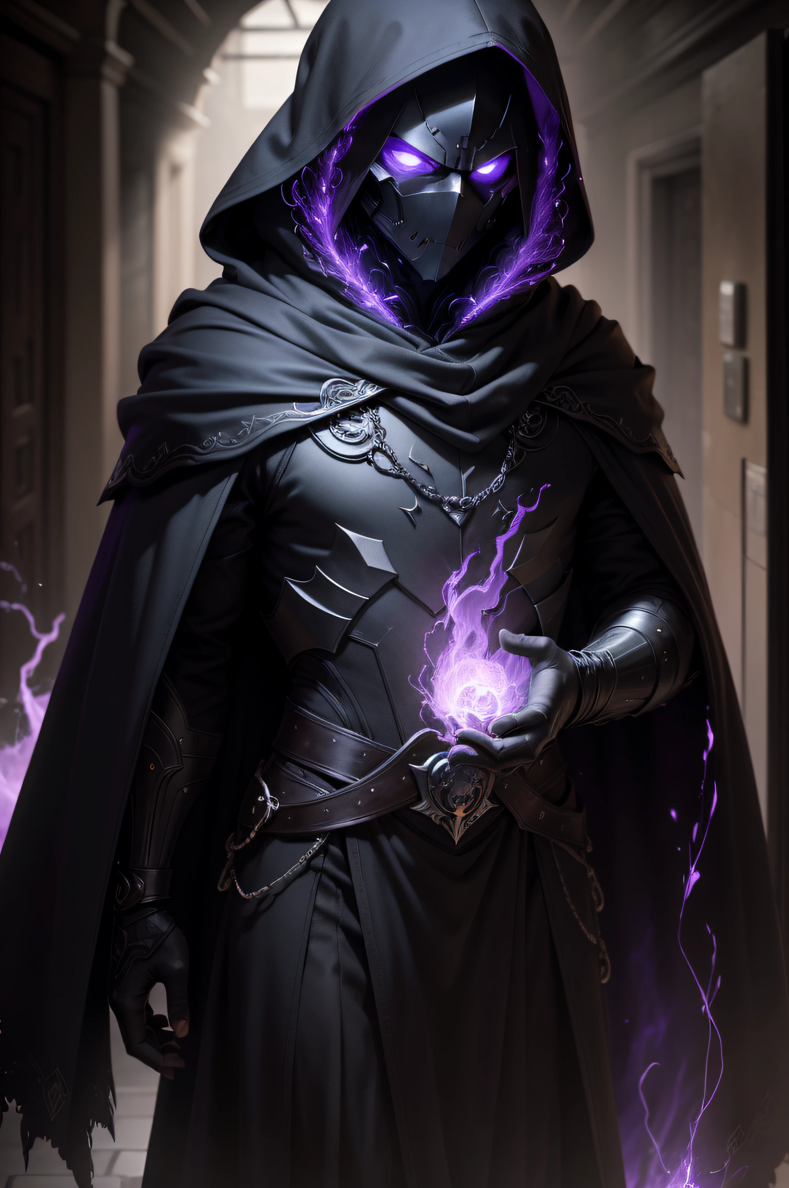 (ultra-detailed CG unity 8k wallpaper, masterpiece, best quality, depth of field, HDR, intricate), a pure shadow in dark and purple glowing cloak with purple glowing eyes(man) wearing a black hood with purple fire in his hands walking in a pitch black hallway dimly lit fire with purple energy surrounding, dark background, imposing, meticulously composed photos, impressive, dark fantasy, not showing body features, very tall and menacing