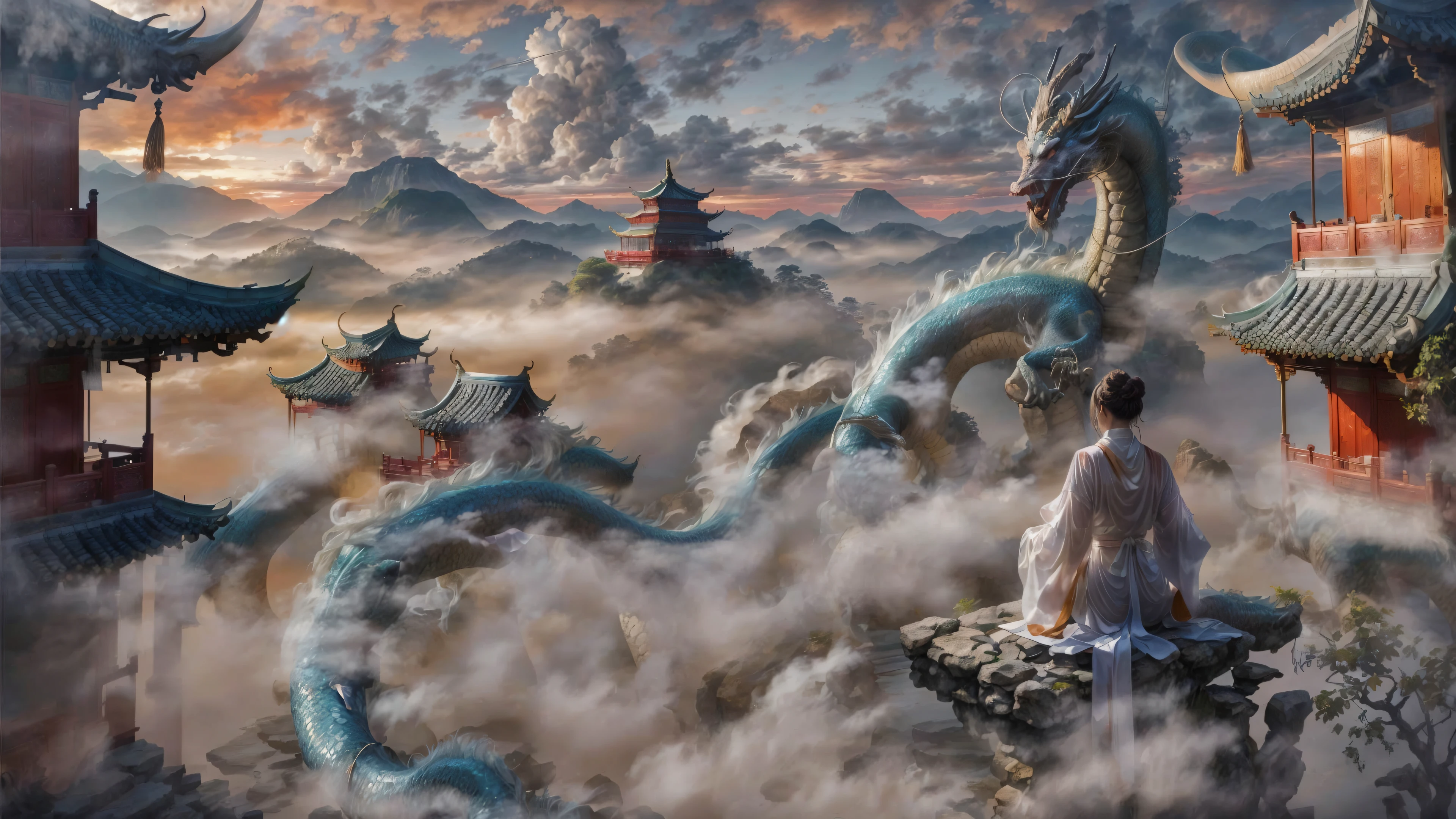 (RAW photo, best quality), (realistic, photo-realistic:1.3), extremely delicate and beautiful, Amazing, finely detail, masterpiece, ultra-detailed, highres,(best illustration), (best shadow),intricate,
A beautiful female Taoist priest wearing white see through robe, hair bun,sits on the eaves of the Taoist temple, overlooking the meditating priests below. In the distance, there are pavilions, towers, and distant mountains adorned with floating clouds,(loong in the background:1.3),sunset,storm,
sharp focus, volumetric fog, 8k UHD, DSLR, high quality, (film grain:1.4), Fujifilm XT3,