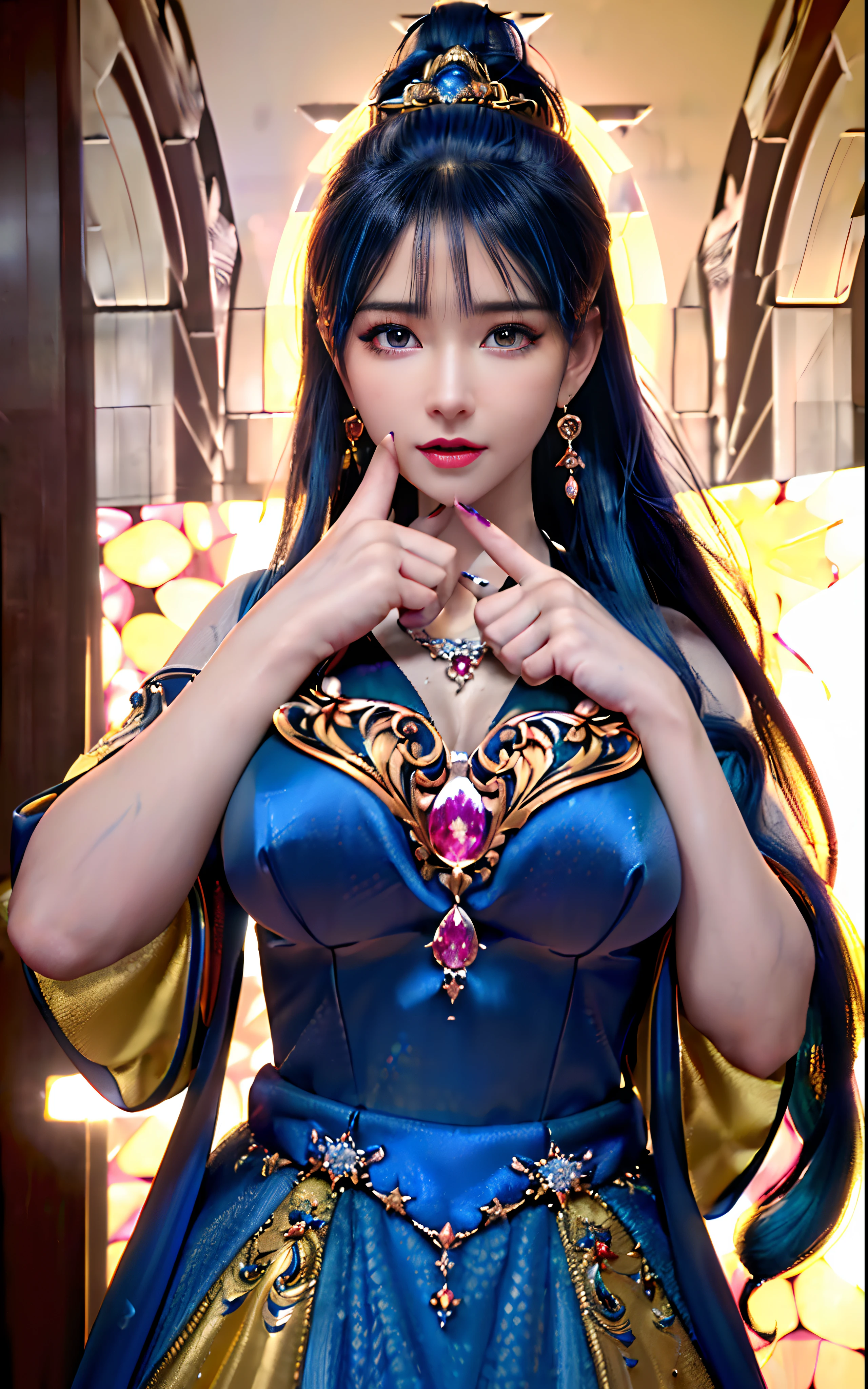 ((realisticity: 1.2)), ((realistic: 8K UHD)), ((best resolution: 8K UHD)), hyper detailed, best quality,masterpiece,highres,cg, ((1 girl hyper detailed and hyper realistic) ) , ((beautiful queen, hyper realistic and hyper detailed)),((white skin, beautiful, smooth, youthful, hyper realistic and hyper detailed )), ((Face hyper beautiful, white, hyper realistic and hyper detailed ) ), long hair, ((hyper realistic and hyper detailed dress)), solo, ((hyper realistic, hyper beautiful, beautiful and hyper detailed jewelry)), ((hyper beautiful deep red and golden yellow dress, hyper realistic and hyper detailed )) , ((Her pretty, hyper realistic, hyper detailed diamond filled earrings)), ((Her gorgeous diamond haircut, hyper realistic and hyper detailed)), ((hyper pretty upper body, hyper beautiful, hyper realistic and hyper detailed) ), ((medium breast: 1.1)), ((hyper realistic, hyper pretty, hyper detailed boobs)), ((the backgroun of the royal palace is hyper majestic, hyper realistic and hyper detailed)),((hands and palms hyper beautiful, hyper detailed, hyper realistic)), ((hyper detailed and hyper realistic fingers and fingernails)), ((hyper pretty fingernails, hyper vivid, hyper detailed, hyper realistic)), ((thumb, index finger, middle finger, ring finger, little finger hyper vivid, hyper pretty, hyper detailed, hyper realistic)), ((hyper beautiful fingers, hyper detailed, and hyper realistic)), ((posture not too fat and not too thin, hyper realistic, hyper detail)), ((hyper pretty, hyper pretty, hyper realistic and hyper detailed hair bun)), ((hyper pretty , hyper realistic and hyper detailed blue hair)), candid, Photo, high resolution, 8k , bokeh,