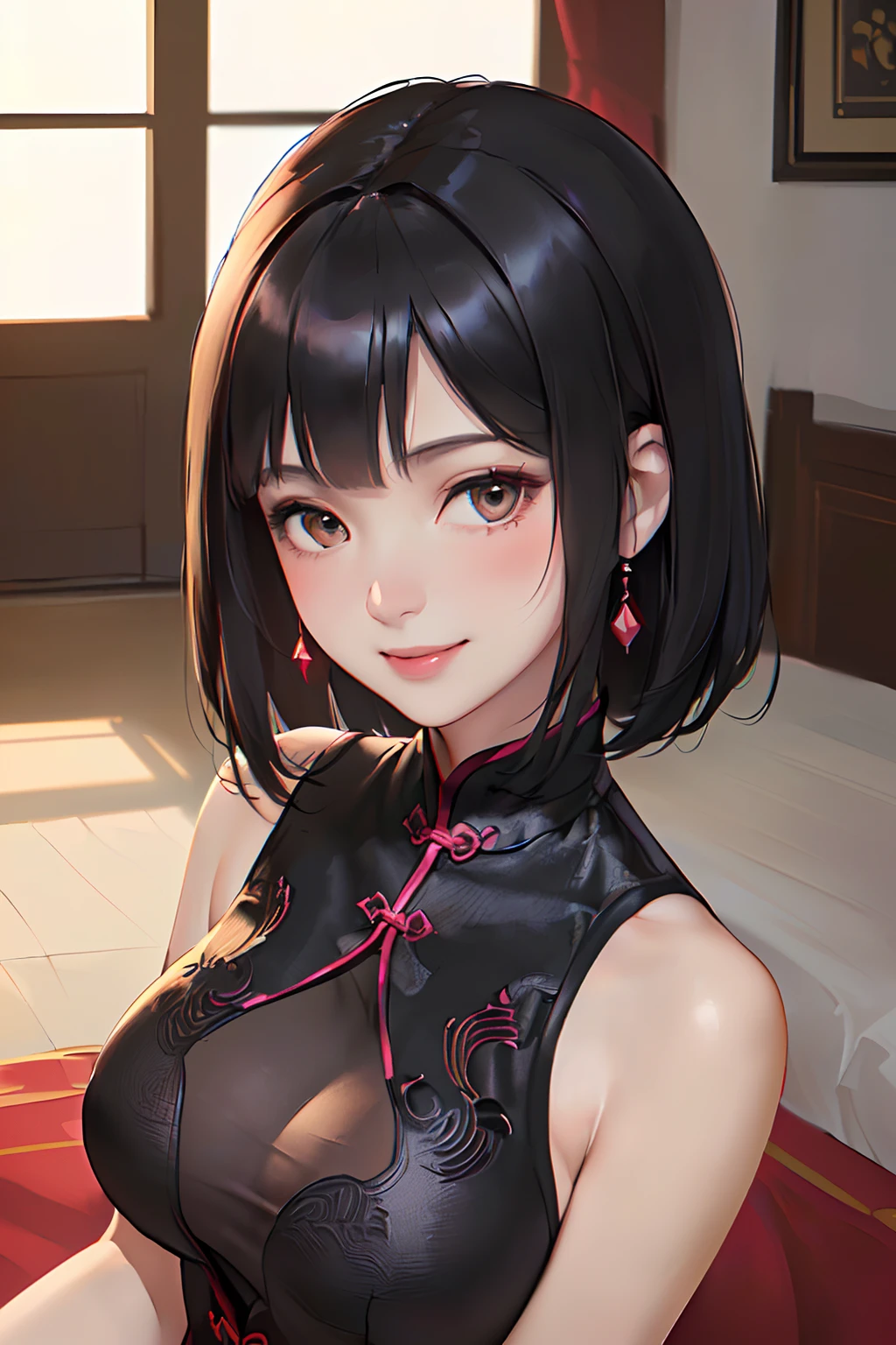 luxury room indoors, 1lady solo mature female /(black medium hair/) cheongsam, blush kind smile, (masterpiece best quality:1.3) delicate illustration high resolution ultra-detailed perfect face beautiful skin large breasts