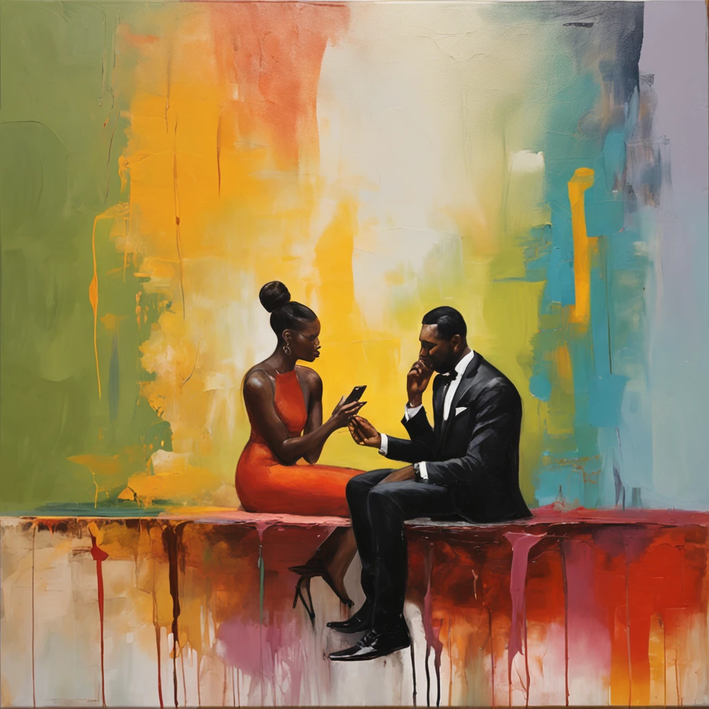 Create an image of a black couple talking on cell phones with each other in realistic mode