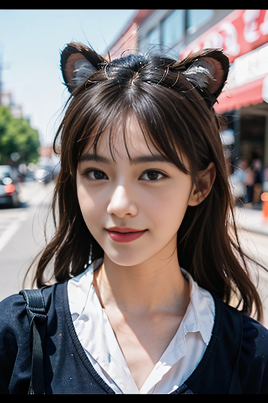 solid circle eyes, Light smile, Ear blush, Fang, whaite hair, ahoge, Shiny hair, Tiger ears, s girl, surrealism, shadowing, anaglyph, stereograms, tachi-e, angle of view, Atmospheric perspective, Depth of field, Cinematic lighting, Sony FE, 35mm, Super detail, ccurate, Best quality, 16k, A high resolution, Super detail, Masterpiece