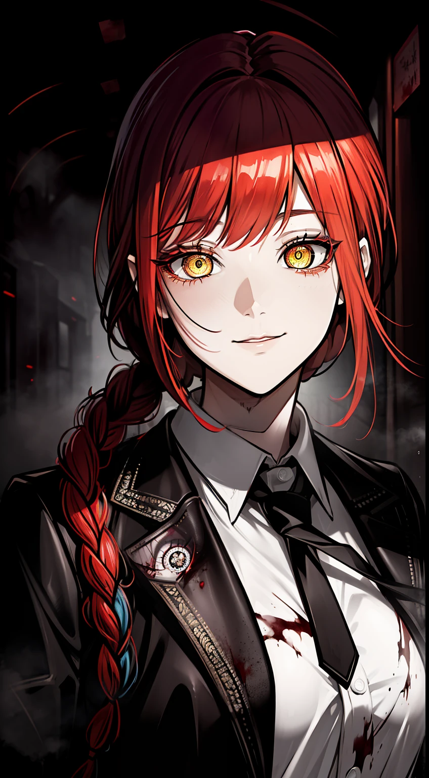 linert, masterpiece, gorgeous, best quality, highres, 1girl, ((solo)), colorfull, red_haired, dangerous,vivid eyes,yellow eyes, alone, white shirt, mesmering eyes, bangs, hair braid, smilling, scary smile, madness, ((blood, colorful, ink)) BREAK intimate, long braid, digital art, high details, modern, intricate, perfect face, traced lights, scary, (sensual), misteryous, blood, BREAK (makima \(chainsaw man\), backlight, glowing eyes, artistic, wallpaper, black tie ,neon, fog, BREAK superior, braid, absurdes, makima \(chainsaw man\),, crazy smile,>, HyperStylizeV6, alley