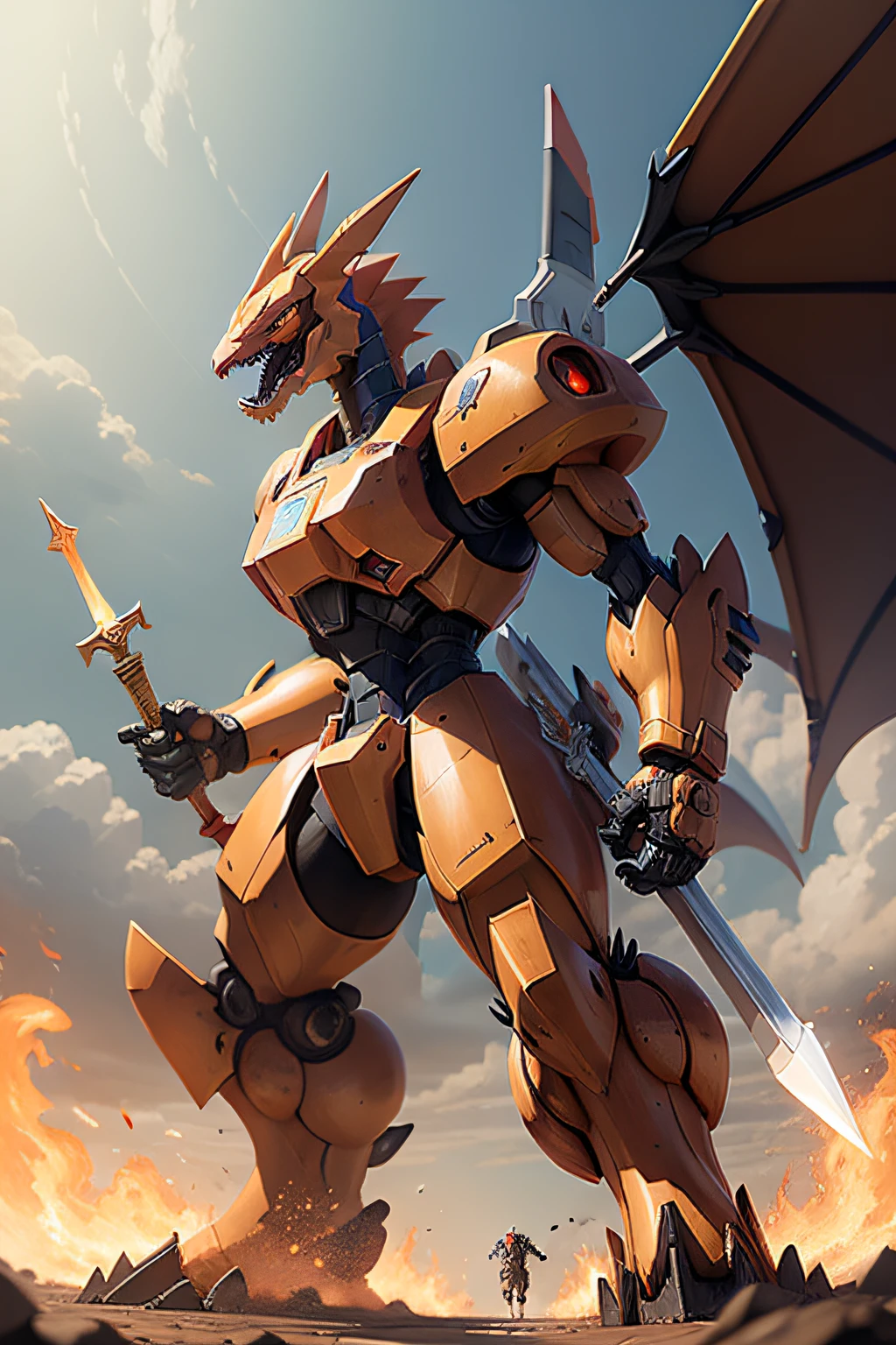 A mecha Charizard with a sword and shield
