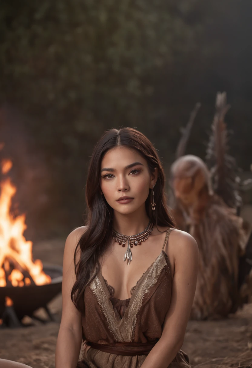 ultra detailed artistic photography, Native American beautiful Apache female, tee pee, moonlight, fire pit, feathers, sexy, dreamy, glowing, backlit, shadows, oil on canvas, smooth, ultra high definition, 8k, ultra sharp focus, intricate artwork masterpiece, flowy outfit, highly detailed, vibrant, production cinematic character render, ultra high quality model