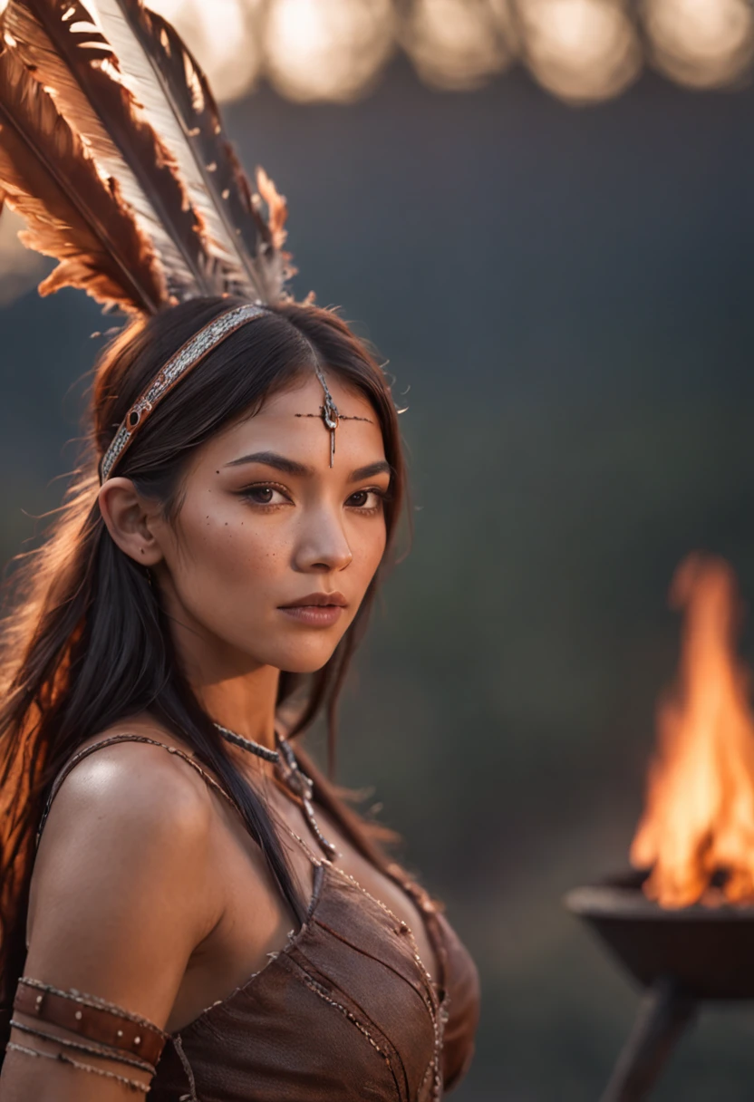 ultra detailed artistic photography, Native American beautiful Apache female, tee pee, moonlight, fire pit, feathers, sexy, dreamy, glowing, backlit, shadows, oil on canvas, smooth, ultra high definition, 8k, ultra sharp focus, intricate artwork masterpiece, flowy outfit, highly detailed, vibrant, production cinematic character render, ultra high quality model