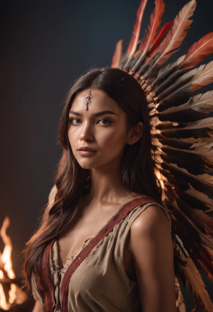 ultra detailed artistic photography, Native American beautiful Apache female, tee pee, moonlight, fire pit, feathers, sexy, dreamy, glowing, backlit, shadows, oil on canvas, smooth, ultra high definition, 8k, ultra sharp focus, intricate artwork masterpiece, flowy outfit, highly detailed, vibrant, production cinematic character render, ultra high quality model
