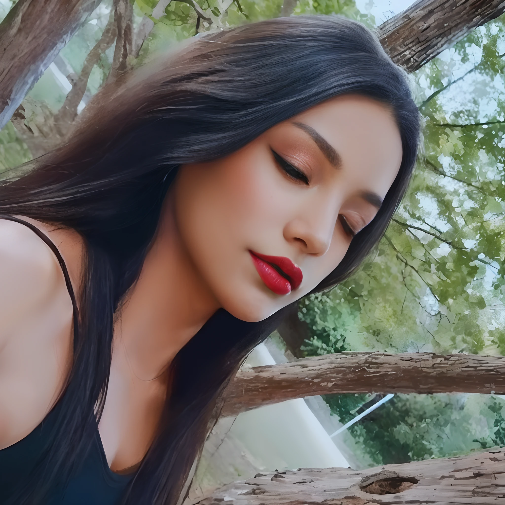 There is a woman who is sitting on a tree branch, with very thin lips,  com uma Foto do perfil ( olhos fechados )) , de batom de batom vermelho, foto do perfil, Foto Portait Foto de perfil, Indian girl with brown skin, Red lipstick on her lips , assamese aesthetic, ☁🌪🌙👩🏾, red lips, thick red lips, foto do perfil, Directed by: Max Dauthendey, imagem de qualidade muito baixa                            (8k, Foto RAW, melhor qualidade, obra-prima: 1.2), (realista, fotorrealista: 1.37), Tokyo forest landscape, dia e, profesional lighting, photon maping, radiosidade,  very many eyelashes, Lame on eyelids, red-lips.      Cinematic Portrait Character Design, CG Escultura, arte conceitual, trends on artstation, Cinematic --air 16:8    uma foto realista da mulher topmodel , bonita, (rosto detalhado), olhos perfeitos, (pele altamente detalhada: 1.1), corpo magro perfeito, pose sexy, fotografia de moda, fotorrealista, nascer do sol,, fundo desfocado, RAW, analogue style, erotic, foco nítido, 8k, alta res, DSLR, alta qualidade, Fujifilm XT3, grain of film, premiado