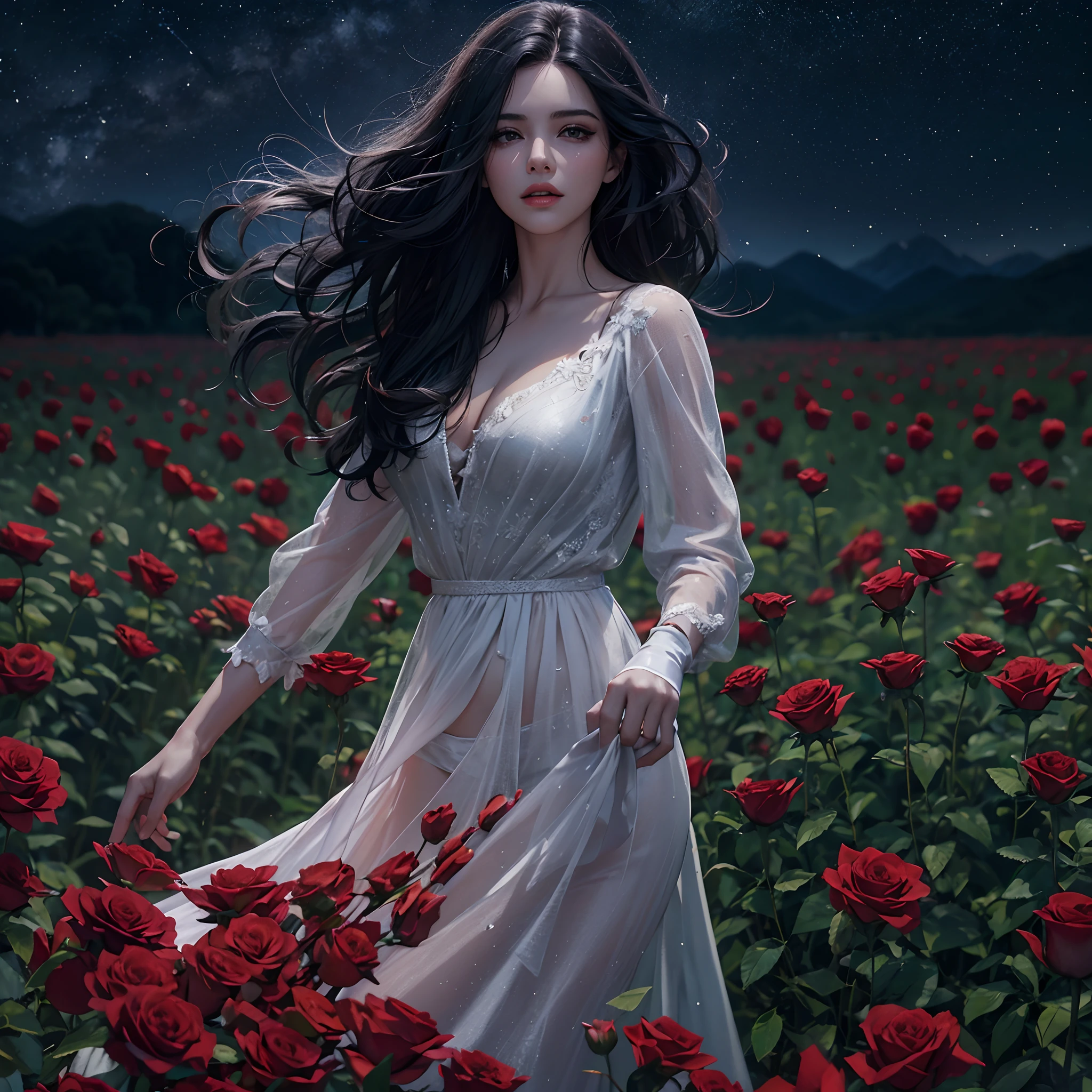 action film,8k, melhor qualidade, Poses elegantes,Senhora das Sombras, Beautiful woman, grandes olhos negros, olhar triste, scarlet lips, pale skin, long black hair fluttering in the wind, vestido preto com renda barroca, elegant white gloves on the hands, joias elegantes em roupas e cabelos, Standing in the field of red roses, noite, night sky, lua brilhante enorme, luar frio, attention to detail, alta qualidade, master part