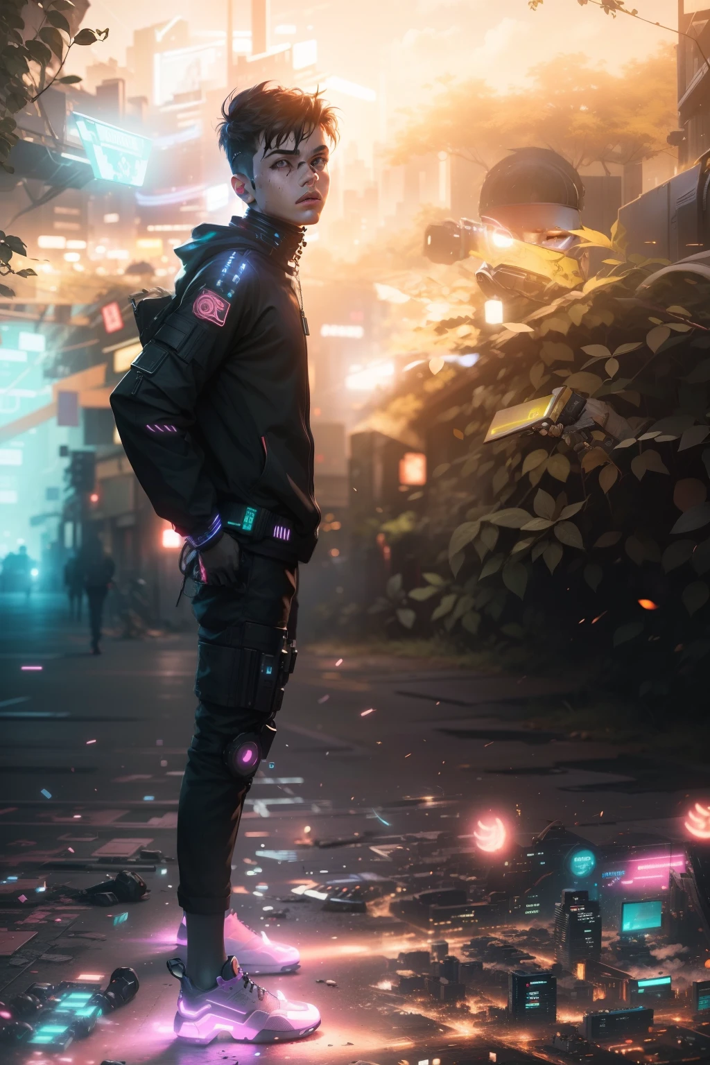 change this photo backgrount into cyberpunk smartboy ultra realistc