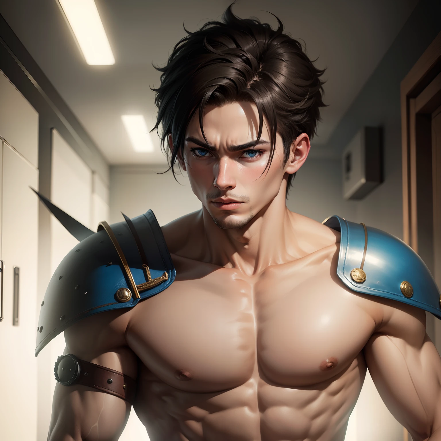 chico anime con un cuerpo musculoso y una camisa ajustada puesta, muscular!!, muscular character, Estilo baki! Blanco, alto!, Super buff y cool, musculatura, big biceps, Science-Fiction, Mysterious character, epica pose de anime, fuerte e imponente, pose fuerte, Arte de anime limpio y detallado, large musculatura