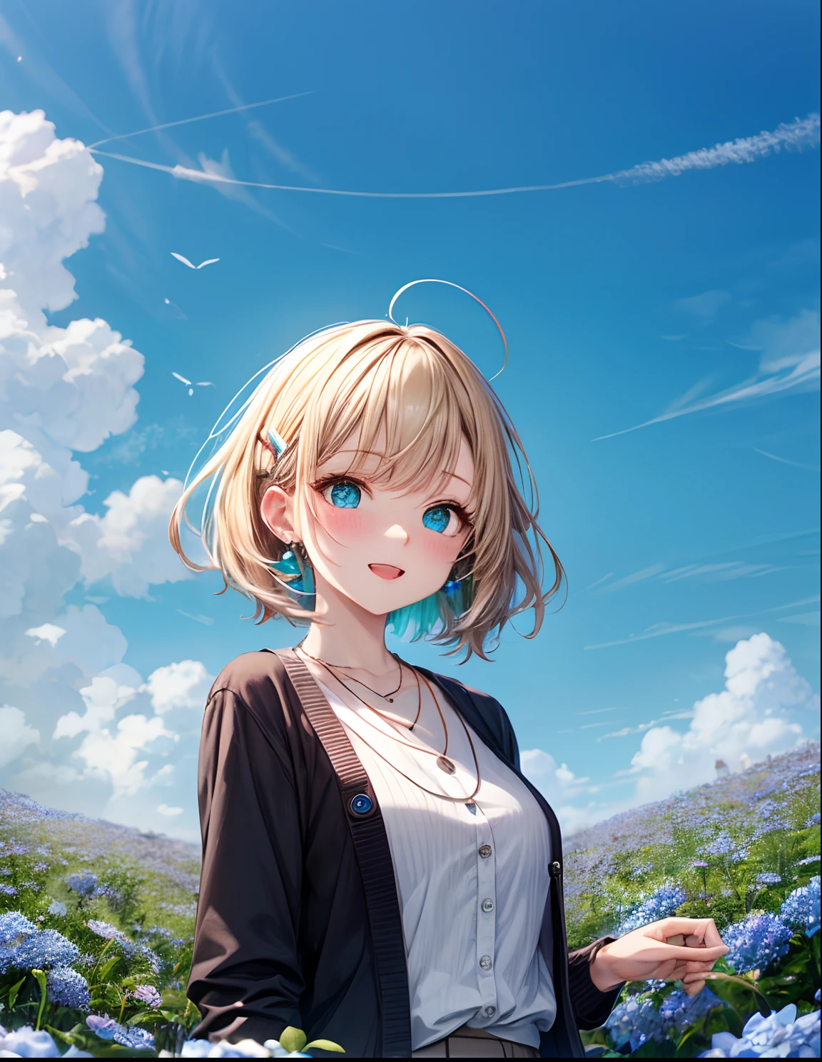 absurderes, (独奏:1.5,)ultra-detailliert,bright colour, extremely beautiful detailed anime face and eyes, view straight on, ;D, shiny_skin,25 years old, Short hair, , asymmetrical bangs, Blonde hair with short twin tails, Shiny hair, Delicate beautiful face, red blush、(Turquoise eyes), White skin, hair clips, earrings, a necklace, Cardigan, Clothes, Brown clothes,skirt by the、blue flower field