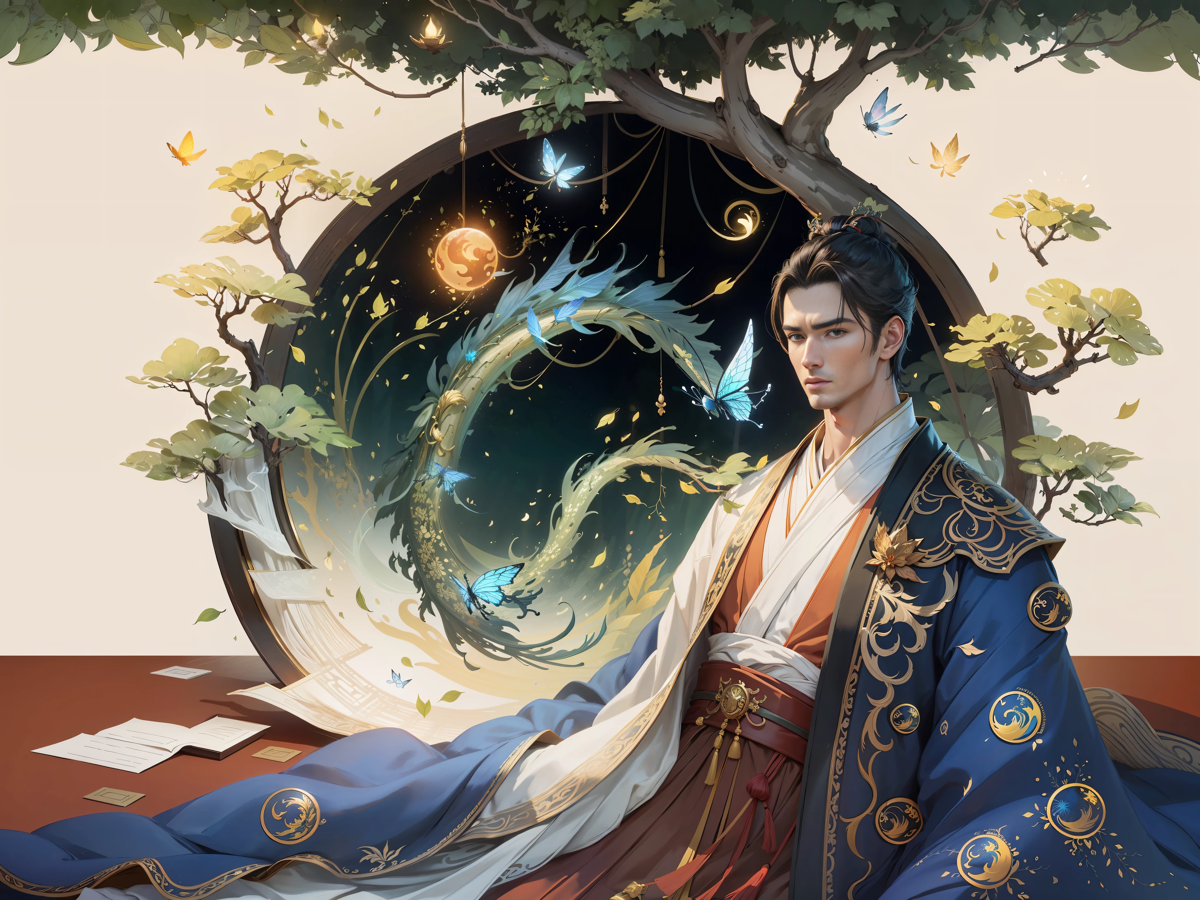 Masterpiece, best quality, authentic, completely real, (((((a handsome male)))), ancient Chinese imperial robes, majestic and domineering, tall and slender, phoenix eyes, dragon lin, sunshine, clear face, masterpiece, super detail, movie composition, ultra hd, high quality, extremely detailed, official art, uniform 8k wallpaper, super detail, (very detailed CG unity 8k wallpaper), (best quality), (best illustration), (best shadow), UI interface border design with forest theme with natural elements. Avatar frame designed as round, surrounded by delicate leaves and branches, with fireflies and glowing particle effects, (UI interface box design), (natural elements), (jungle theme), (square), (leaves), (branches), (fireflies), butterflies, (delicate leaves), (glow), (particle effects), isometric 3D, Octane rendering, ray tracing, super detailed