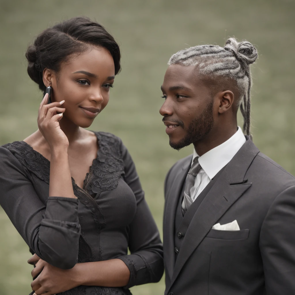 Craft an image of a black couple talking on cell phones with each other in Anime mode
