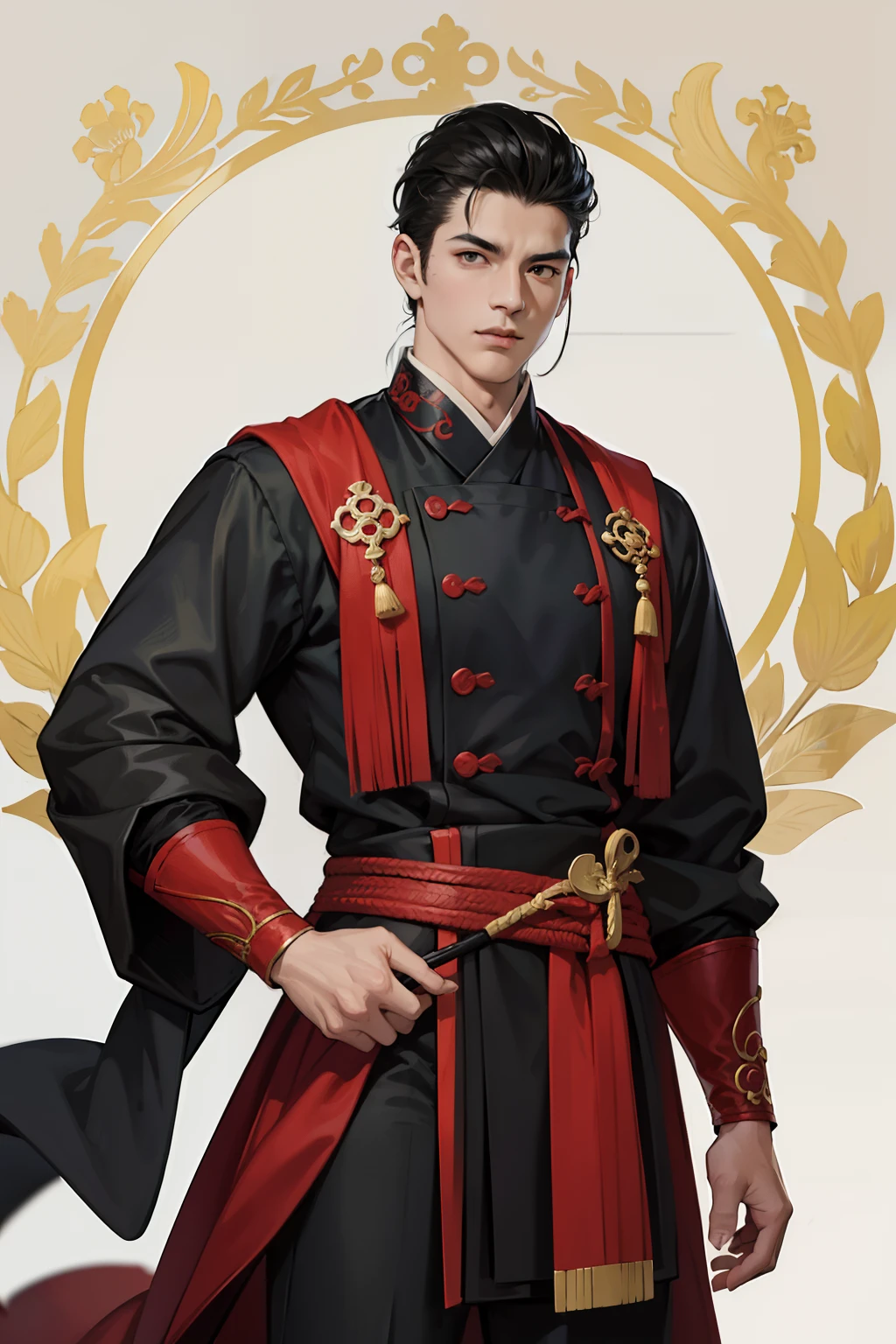 NSFW, obra-prima, melhor qualidade, ultra-detalhado, semi-realista, detailedfacialfeatures, 2 homem maduro, nome Fa Huang,vestindo roupas antigas wuxia hanfu, cabelos vermelhos,longos,olhos negros, macho,cor da roupa vermelha ,manly,homem sedutor,bonita,Arrogantly,Imposing standing holding powerful sharp sword