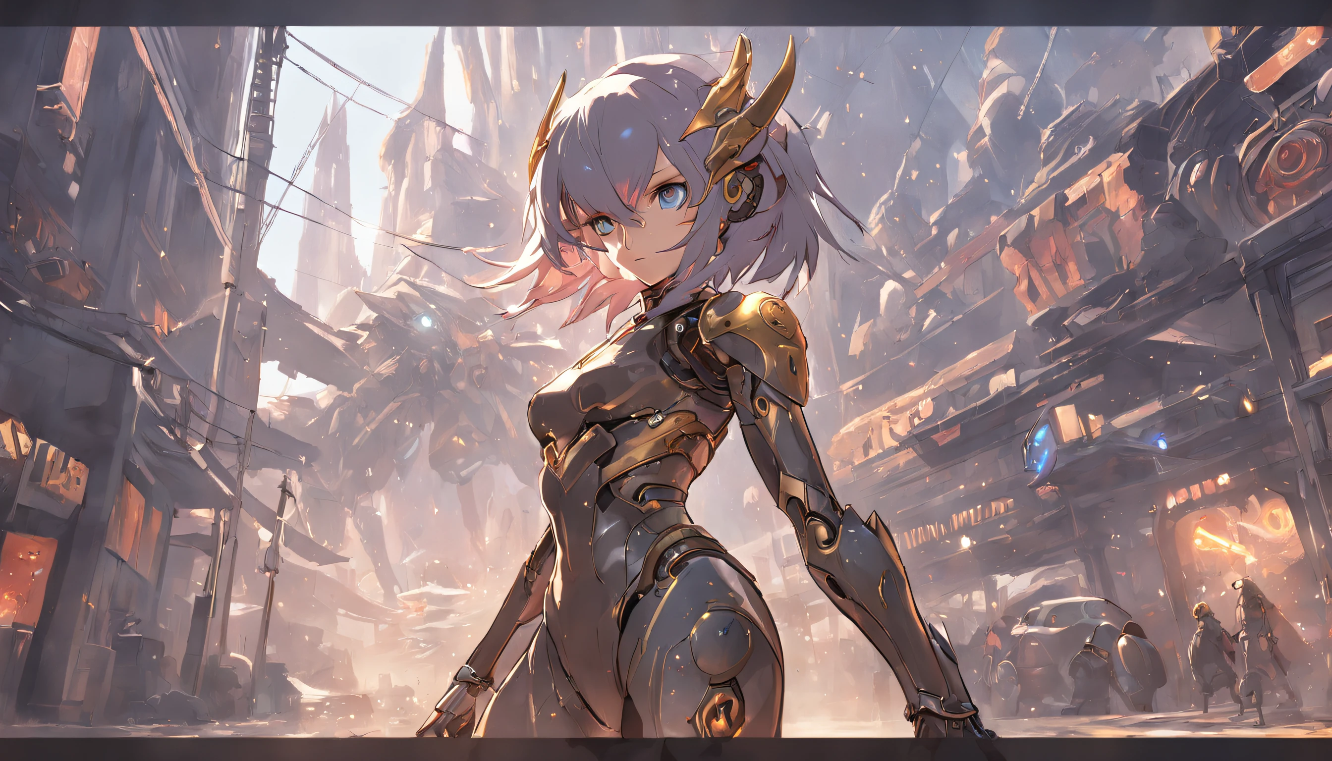 Just a beautiful woman, wearing mecha+medieval armor+black Samus Aran costume with golden metallic parts, blue hair, extremely short hair, hair with bangs in front of the eyes, helmet on the head, looking at the viewer, (((extroverted pose interacting and leaning on something)))), in a city, vehicles, machines, monsters, large structures, background of beautiful landscape with the sunset, ((full body):1.5) ,((Super Metroid)), 16k, UHD, best possible quality, ((ultra detailed):1), best possible resolution, Unreal Engine 5, professional photography, perfect_hands, Sublime, Clockpunk, Artwork, massive scale, textured, Hi-fi, Tapestry, chintzy colors, Unworldly, glowing radioactively lighting, Ultra-realistic, highly detailed, PBR materials, Unity engine, volumetric lighting, 8k