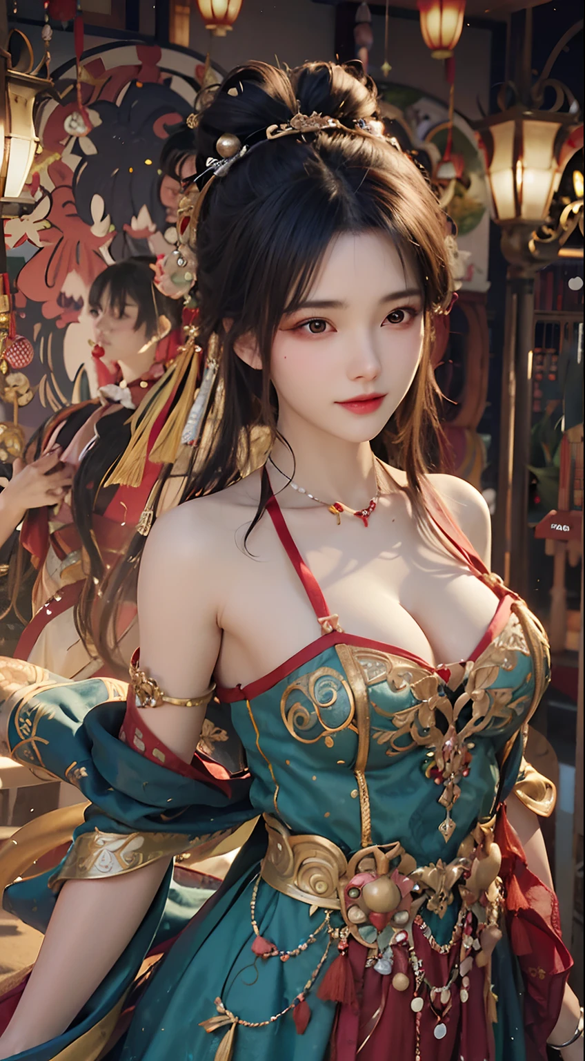 A woman in a green and red dress poses for a photo, a beautiful fantasy empress, Gorgeous Role Play, inspired by Du Qiong, by Yang J, ((a beautiful fantasy empress)), beautiful teenage girl, Palace , A girl in Hanfu, Inspired by Lan Ying, trending at cgstation, Anime girl cosplay, Traditional beauty, Chinese girl, beautiful and seductive anime woman