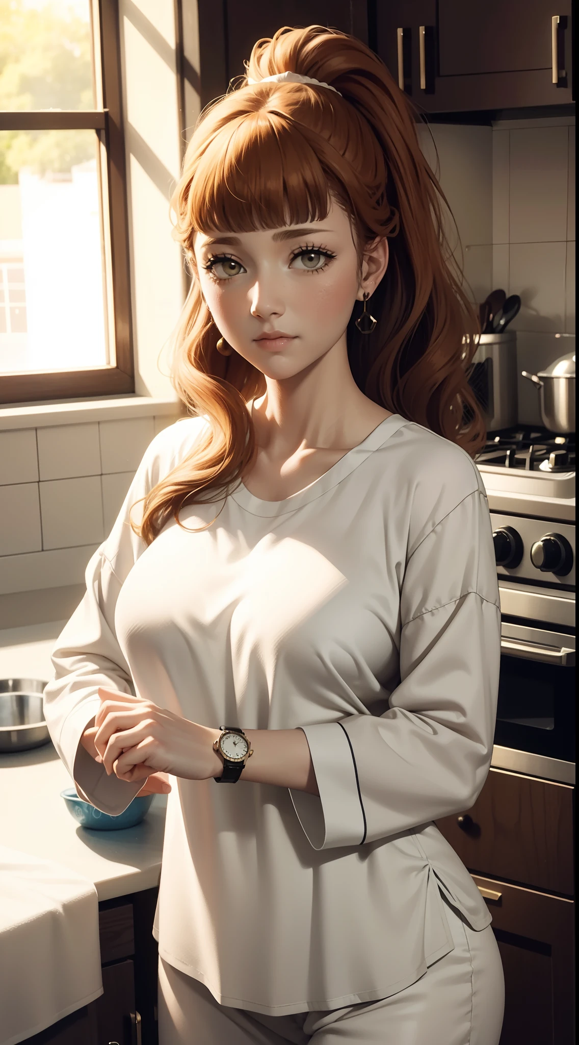 mimosa from black clover, long hair, brown hair, bangs, ponytail, perfect body, perfect breasts, beautiful woman, very beautiful, wearing white pajamas, nightgown, pajamas, wearing a watch with earrings, in the kitchen, kitchen dry, Realism, masterpiece, textured skin, super detailed, high detailed, high quality, best quality, 1080P, HD, 16k