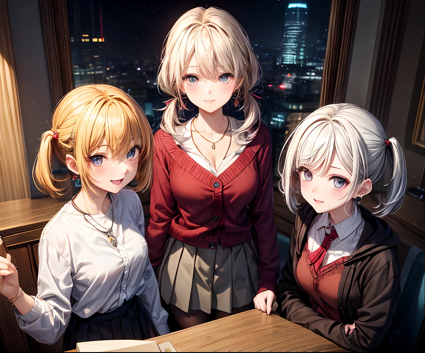 absurderes, (独奏:1.5,)ultra-detailliert,bright colour, extremely beautiful detailed anime face and eyes, view straight on, ;D, shiny_skin,25 years old, Short hair, , asymmetrical bangs, Blonde hair with short twin tails, Shiny hair, Delicate beautiful face, red blush、(Lapis lazuli eyes), White skin, hair clips, earrings, a necklace, Cardigan, Clothes, Brown clothes,skirt by the