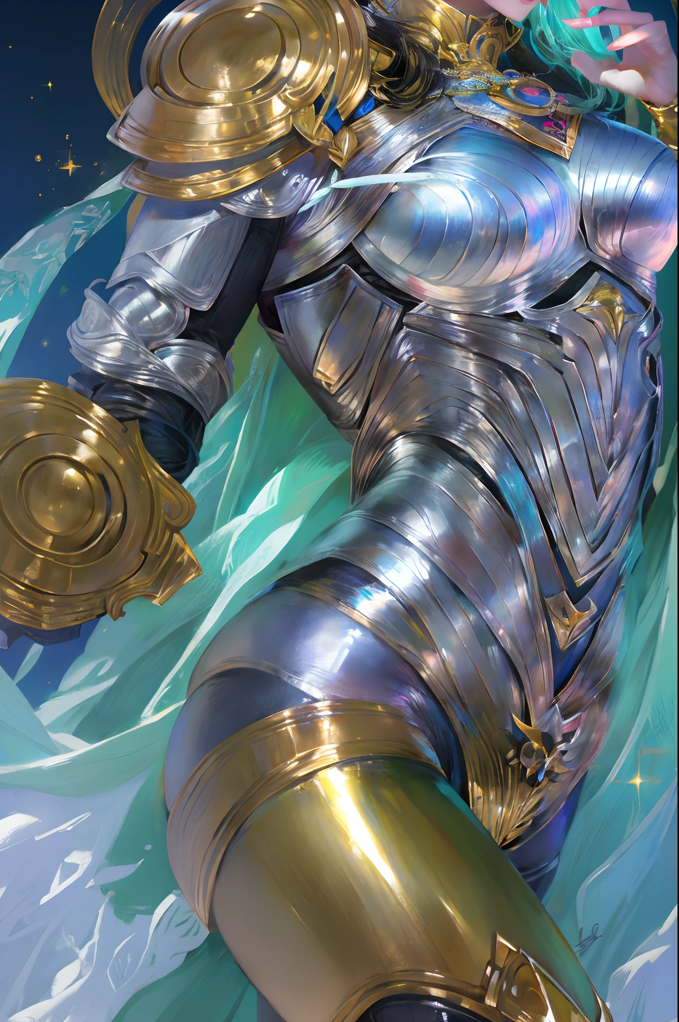 Ultra-high saturation，（tmasterpiece）， fully body photo，（best qualtiy）， （1girll）， starryskybackground，Wearing shiny gold armor， Sexy lingerie type armor，Expose your chest，Expose the waistline，Exposing thighs，cool-pose， Saint Seiya Armor， messy  hair，high detal, Anime style, Cinematic lighting, Sparkle, god light, Ray traching, filmgrain, hyper HD, textureskin, super detailing, Anatomical correct, A high resolution，Ultra-high saturation，hight contrast，High-gloss armor，Smooth skin，Serious expressions,Dark room,