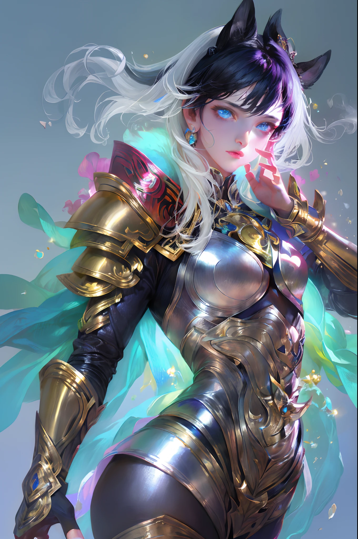 Ultra-high saturation，（tmasterpiece）， fully body photo，（best qualtiy）， （1girll）， starryskybackground，Wearing shiny gold armor， Sexy lingerie type armor，Expose your chest，Expose the waistline，Exposing thighs，cool-pose， Saint Seiya Armor， messy  hair，high detal, Anime style, Cinematic lighting, Sparkle, god light, Ray traching, filmgrain, hyper HD, textureskin, super detailing, Anatomical correct, A high resolution，Ultra-high saturation，hight contrast，High-gloss armor，Smooth skin，Serious expressions,Dark room,