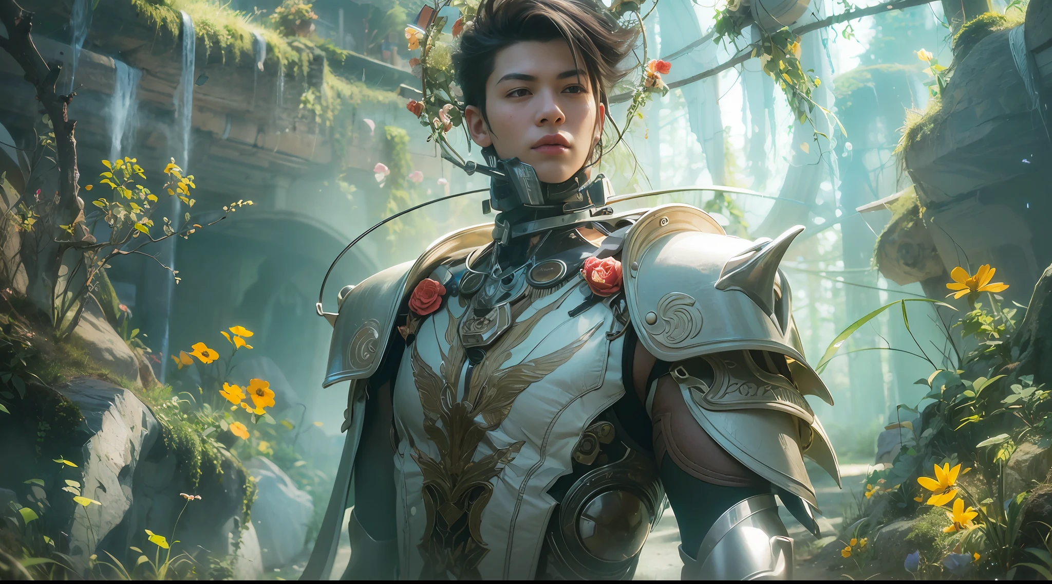 1boy, photo of very very handsome suave smiling young 25-year-old male Chinese prince, clothed in futuristic cybernetic armor, wearing a large futuristic crown, walking in an ethereal enchanted forest with neon glowing flowers and a rainbow in the sky, sci-fi, intricate, neon light, ((perfect face)), ((perfect hands)), ((perfect body)), ((correct anatomy)), ((ultra-realistic)), ((8k, UHD)), highly detailed, digital painting, artstation, concept art, human anatomy, soft light, smooth, illustration, art by tian zi and craig mullins and WLOP and alphonse mucha