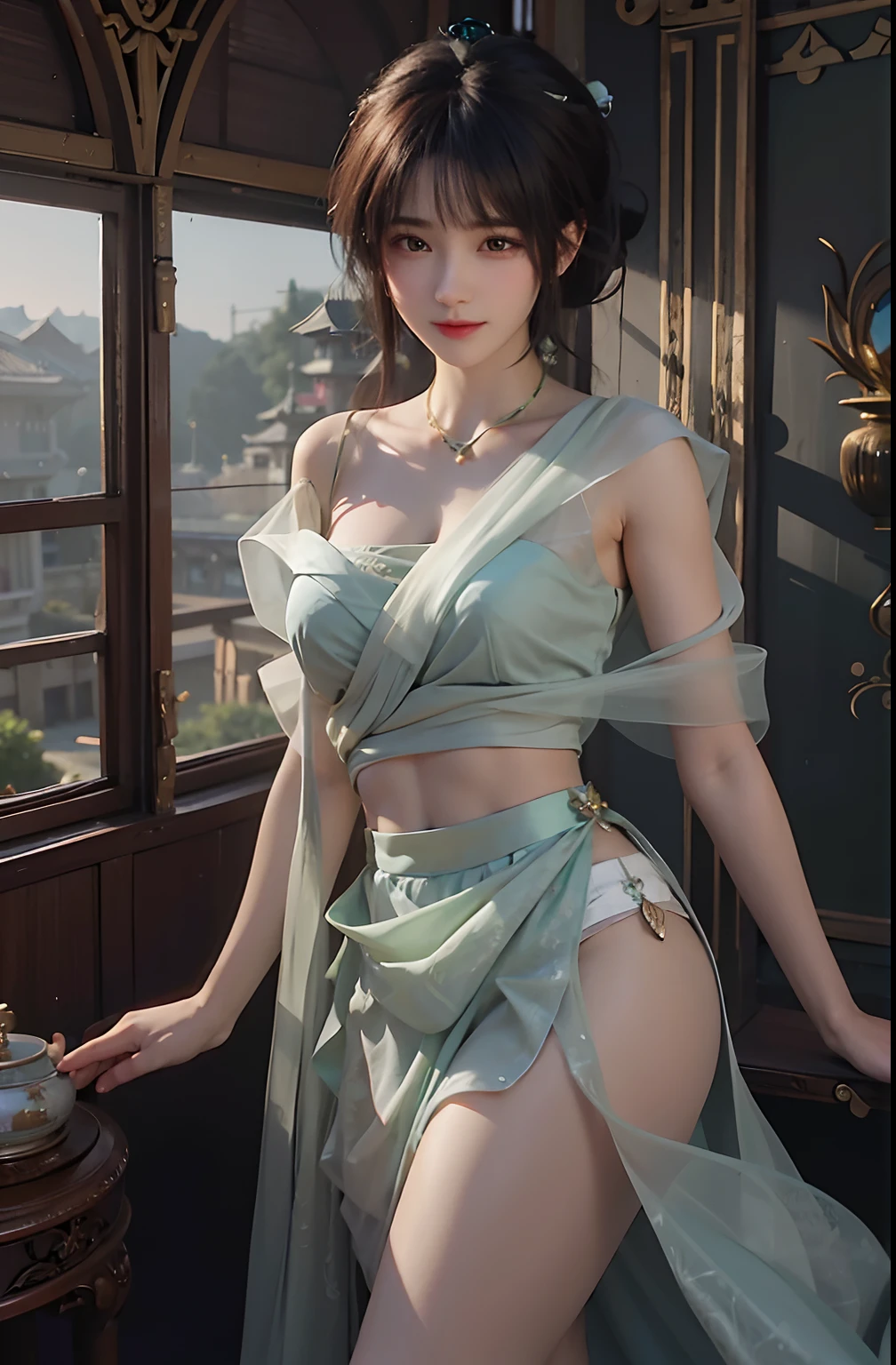 A woman in a green dress poses in front of a window, Palace ， A girl in Hanfu, beautiful and seductive anime woman, gorgeous chinese models, a beautiful fantasy empress, Japanese goddess, Chinese girl, seductive anime girls, style of wlop, Guviz, author：Zhou Wenjing, a stunning young ethereal figure, author：Zhang Han, Ethereal beauty