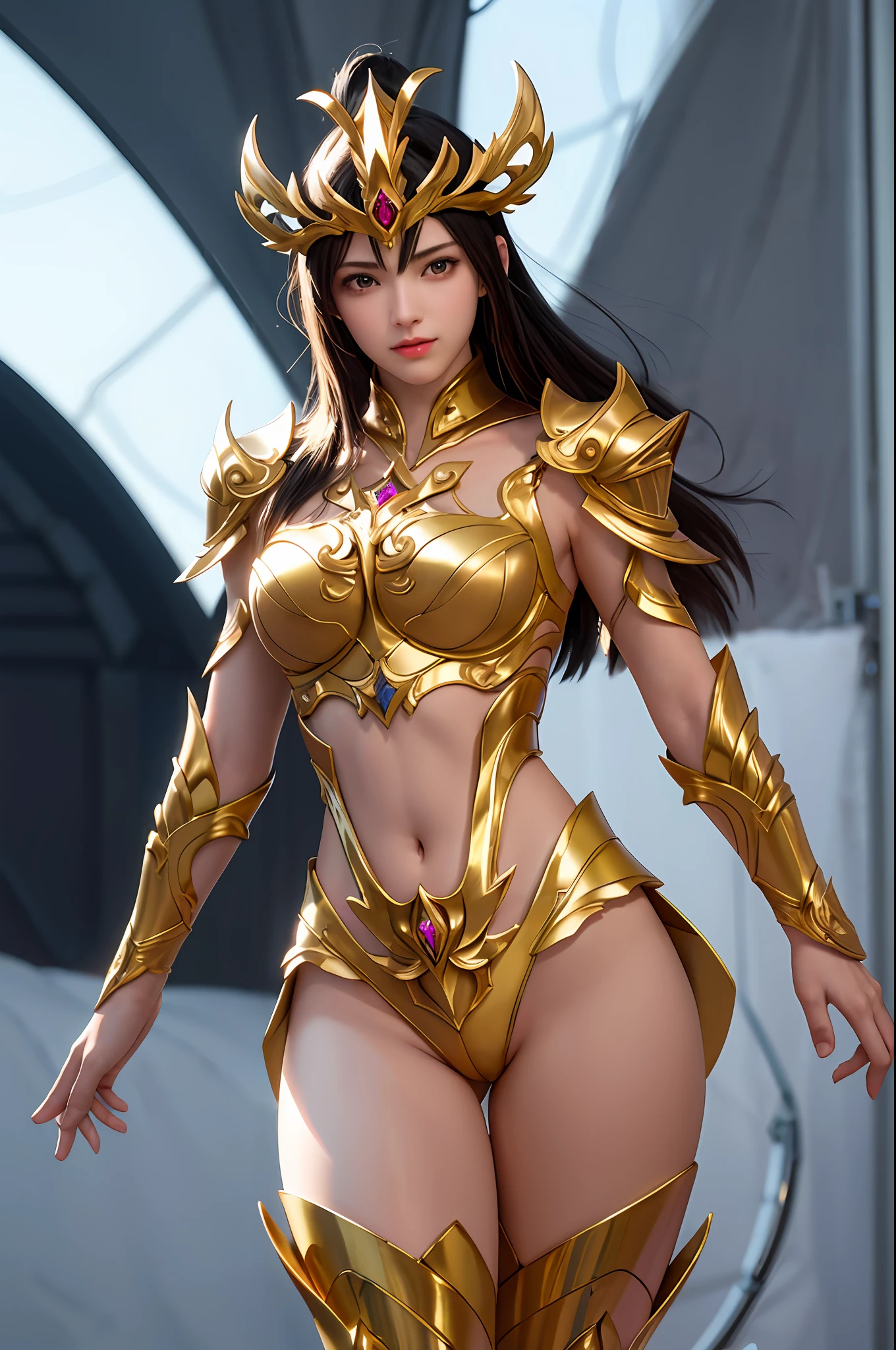 Ultra-high saturation,(tmasterpiece), fully body photo,(best qualtiy), (1girll), starryskybackground,Wearing shiny gold armor, Sexy lingerie type armor,Expose your chest,Expose the waistline,Exposing thighs,cool-pose, Saint Seiya Armor, messy hair,high detal, Anime style, Cinematic lighting, Sparkle, god light, Ray traching, filmgrain, hyper HD, textureskin, super detailing, Anatomical correct, A high resolution,Ultra-high saturation,hight contrast,High-gloss armor,Smooth skin,Serious expressions,Dark room,