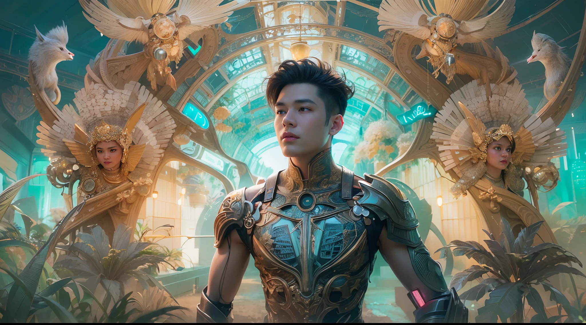 1boy, photo of very very handsome suave smiling young 25-year-old male Chinese prince, clothed in futuristic cybernetic armor, wearing a large futuristic crown, walking in an ethereal enchanted forest with neon glowing flowers and a rainbow in the sky, sci-fi, intricate, neon light, ((perfect face)), ((perfect hands)), ((perfect body)), ((correct anatomy)), ((ultra-realistic)), ((8k, UHD)), highly detailed, digital painting, artstation, concept art, human anatomy, soft light, smooth, illustration, art by tian zi and craig mullins and WLOP and alphonse mucha