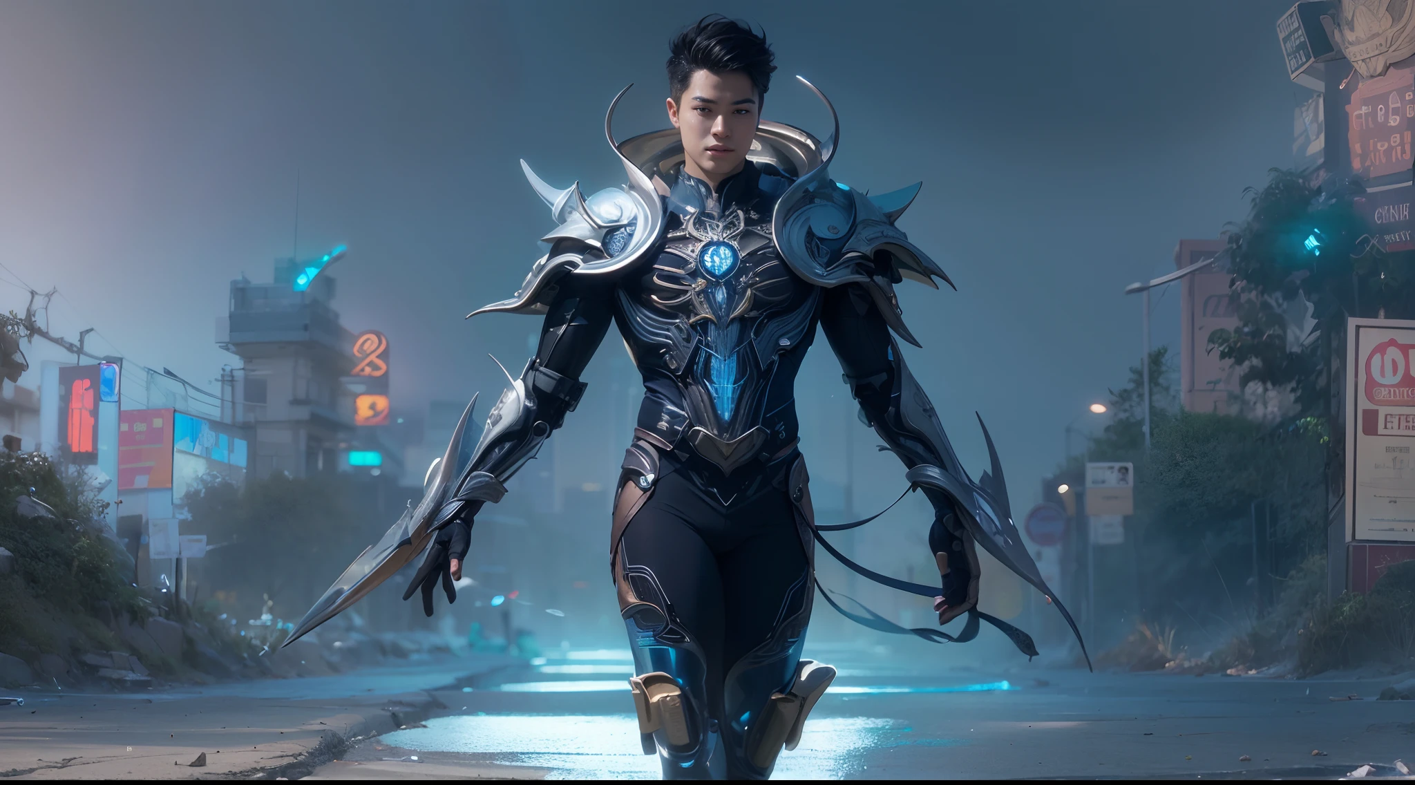 1boy, photo of very very handsome suave smiling young 25-year-old male Chinese prince, clothed in futuristic cybernetic armor, wearing a large futuristic crown, walking in an ethereal enchanted forest with neon glowing flowers and a rainbow in the sky, sci-fi, intricate, neon light, ((perfect face)), ((perfect hands)), ((perfect body)), ((correct anatomy)), ((ultra-realistic)), ((8k, UHD)), highly detailed, digital painting, artstation, concept art, human anatomy, soft light, smooth, illustration, art by tian zi and craig mullins and WLOP and alphonse mucha