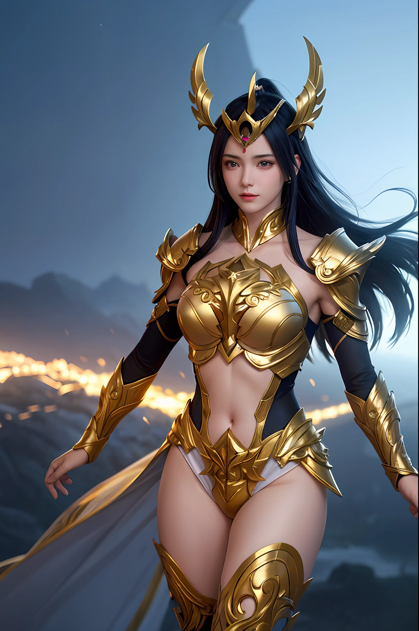 Ultra-high saturation,(tmasterpiece), fully body photo,(best qualtiy), (1girll), starryskybackground,Wearing shiny gold armor, Sexy lingerie type armor,Expose your chest,Expose the waistline,Exposing thighs,cool-pose, Saint Seiya Armor, messy hair,high detal, Anime style, Cinematic lighting, Sparkle, god light, Ray traching, filmgrain, hyper HD, textureskin, super detailing, Anatomical correct, A high resolution,Ultra-high saturation,hight contrast,High-gloss armor,Smooth skin,Serious expressions,Dark room,