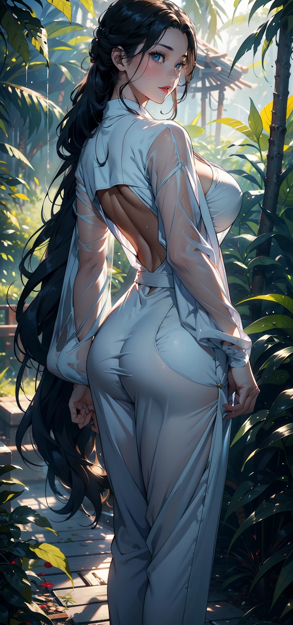 1female,35yo,熟妇,Slim,Tall,gigantic cleavage breasts,Big breasts Thin waist,slenderlegs,Pornographic exposure, 独奏,(Background with:ln the forest,the rainforest,in summer) She has long blue hair,standing on your feet,Sweat profusely,drenched all over the body,seen from the front, hair straight, mostly cloudy sky,(((tmasterpiece),(Very detailed CG unity 8K wallpaper),best qualtiy,cinmatic lighting,detailed back ground,beatiful detailed eyes,Bright pupils,blue color eyes,Redlip(Very fine and beautiful),(Beautiful and detailed eye description),ultra - detailed,tmasterpiece,)),facing at camera,A high resolution,ultra - detailed),revealing breasts,Bare genitalia, Lower body elevation,Raised sexy,Camel toes,Flushed complexion,Open-mouthed,frontage,cow(Wearing:White cloak,Black jumpsuit,White shirt),