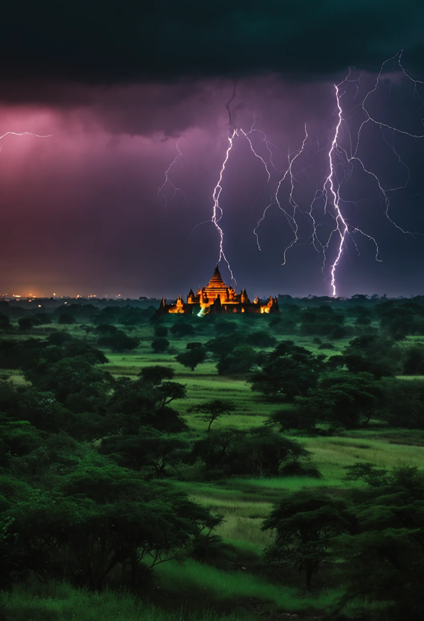 bagan night, rain, green thunder and lightning, dark, magical, cinematic