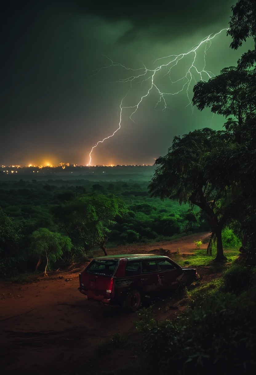 bagan night, rain, green thunder and lightning, dark, magical, cinematic