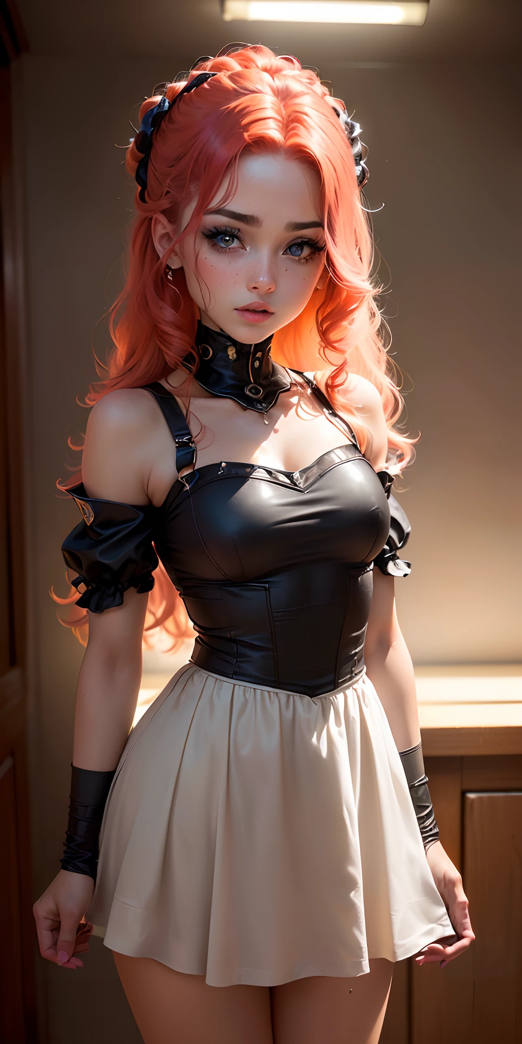 ((foto de corpo inteiro)), ((foto realista)), 1 girl, (colete: 1.2), 8k, high-res, pele finamente detalhada, lingerie, seios enormes, lenore from castlevania, vampire, red hair, skirt, sitting, toned legs, heels, dominant, low angle, upskirt, athletic, skinny, toned, smaller body, thin waist, from below, crossed legs, highly detailed realisticly proportioned legs, toned legs