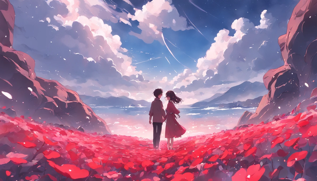 In a romantic atmosphere，couple cuddling，Stroll through the Sea of Roses，Under the blue sky and white clouds，Feel the romantic theme of Valentine's Day。