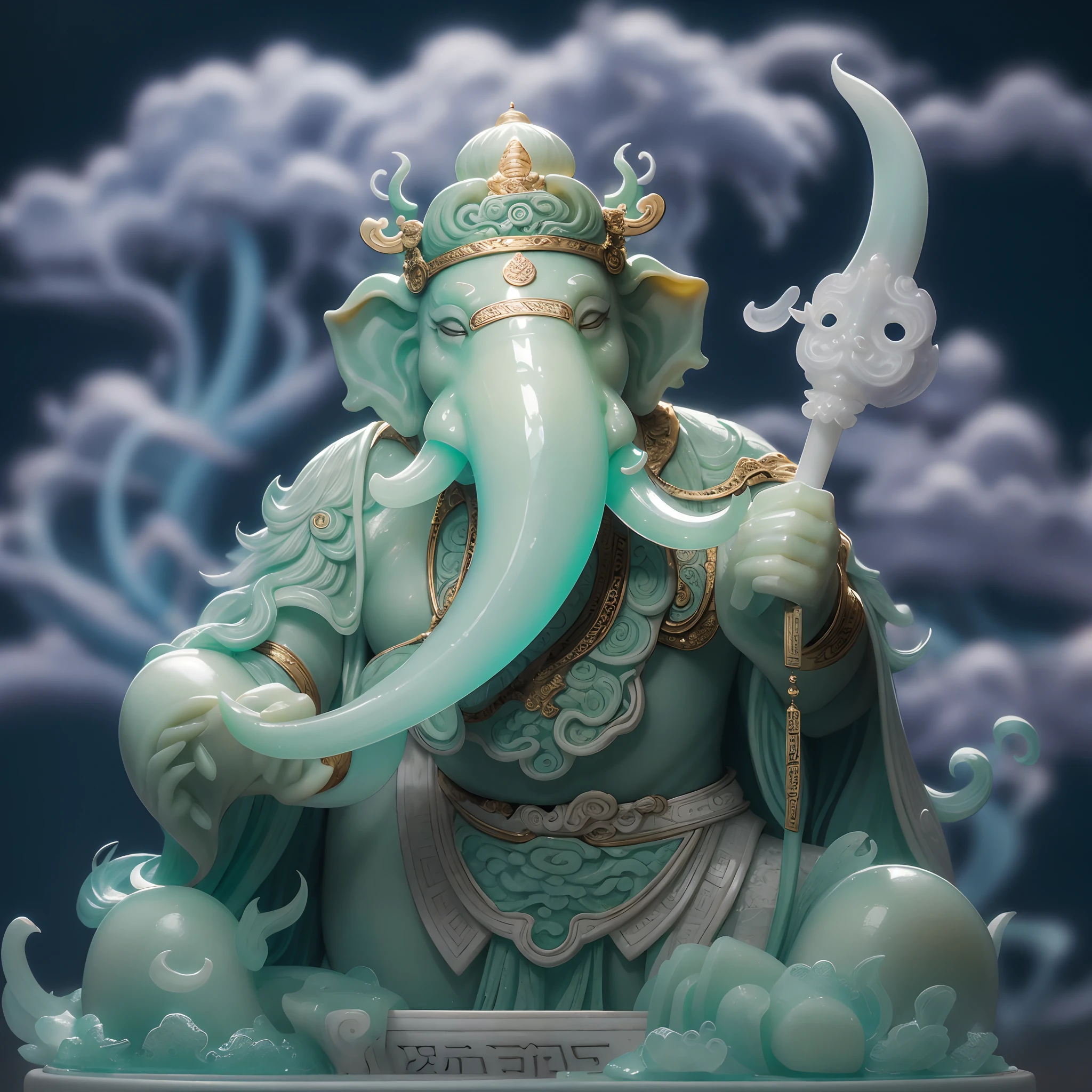 Chinese mythology and stories，Journey，jade sculpture，semi transparent，artwork of a，Light，cleanness，Glow effects，White Jade Elephant King，white jade，full bodyesbian，对称，Long, Thick nose，long fangs，Auspicious clouds，Macro lens，dynamic viewing angle，best qualtiy，8K分辨率，tmasterpiece，Works of masters，Overhead light