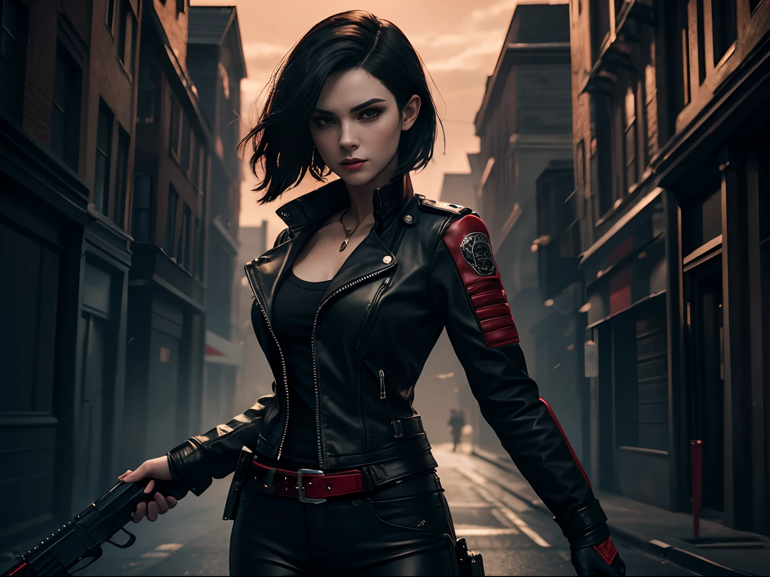 a beautiful 25 years old British female vampire mercenary, with short black hair, pale skin, wearing red leather jacket and black tight pants, holding dual handguns, splash art style, battle ready pose, dynamic angle shot, photo realism, ambient lighting, intricate hand details, highly detailed, vibrant colors, cinematic, neoprene, featured on Unsplash, stylized digital art, 8k, trending on Artstation